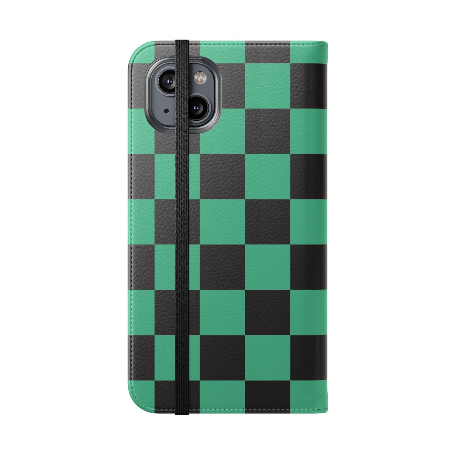 Tanjiro Chequered Flip Phone Case — Black and Green Chequered Wallet Cover