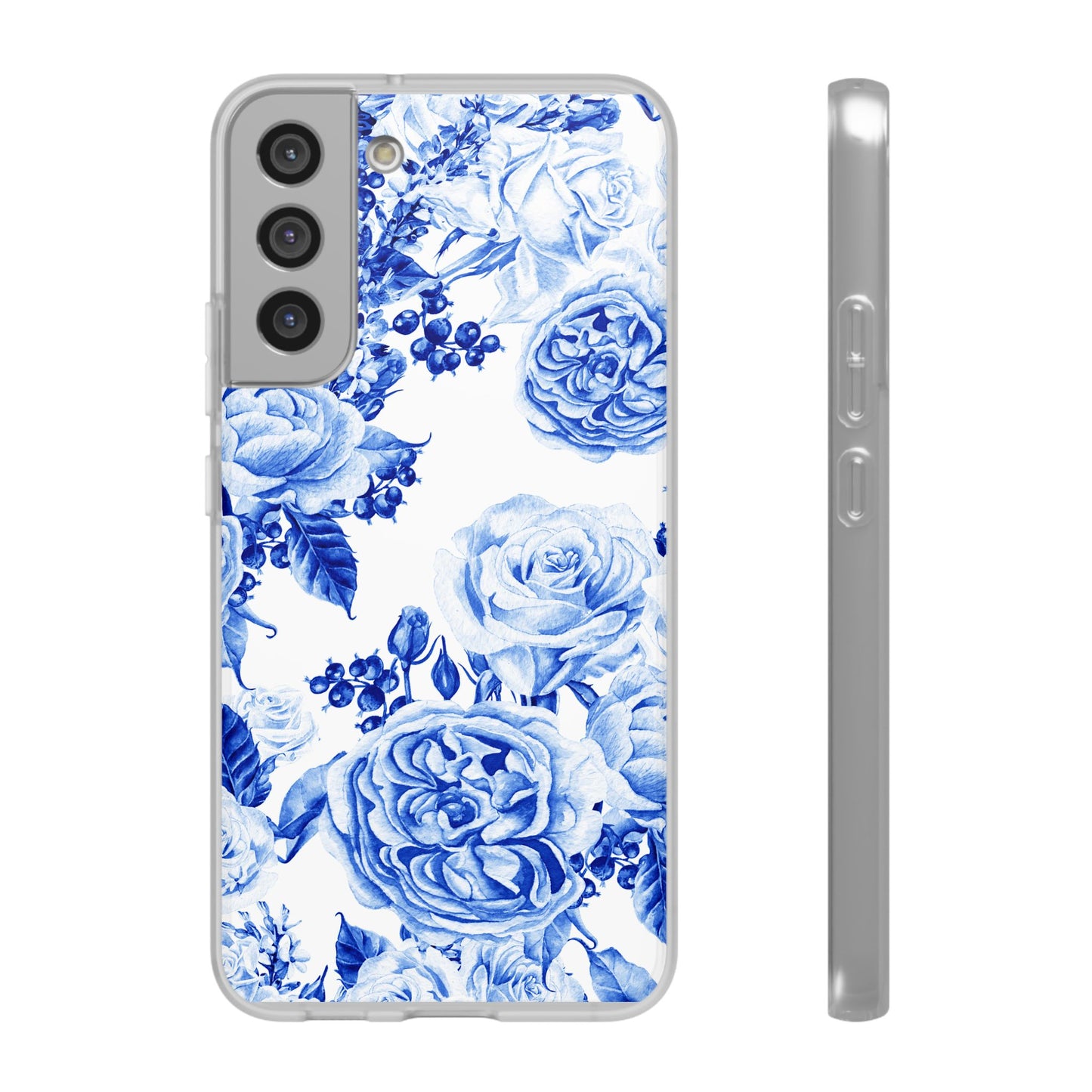 Blue Floral Phone Case — Hand-Painted Rose Pattern Flexi Case for Apple iPhone, Samsung Galaxy and Google Pixel.