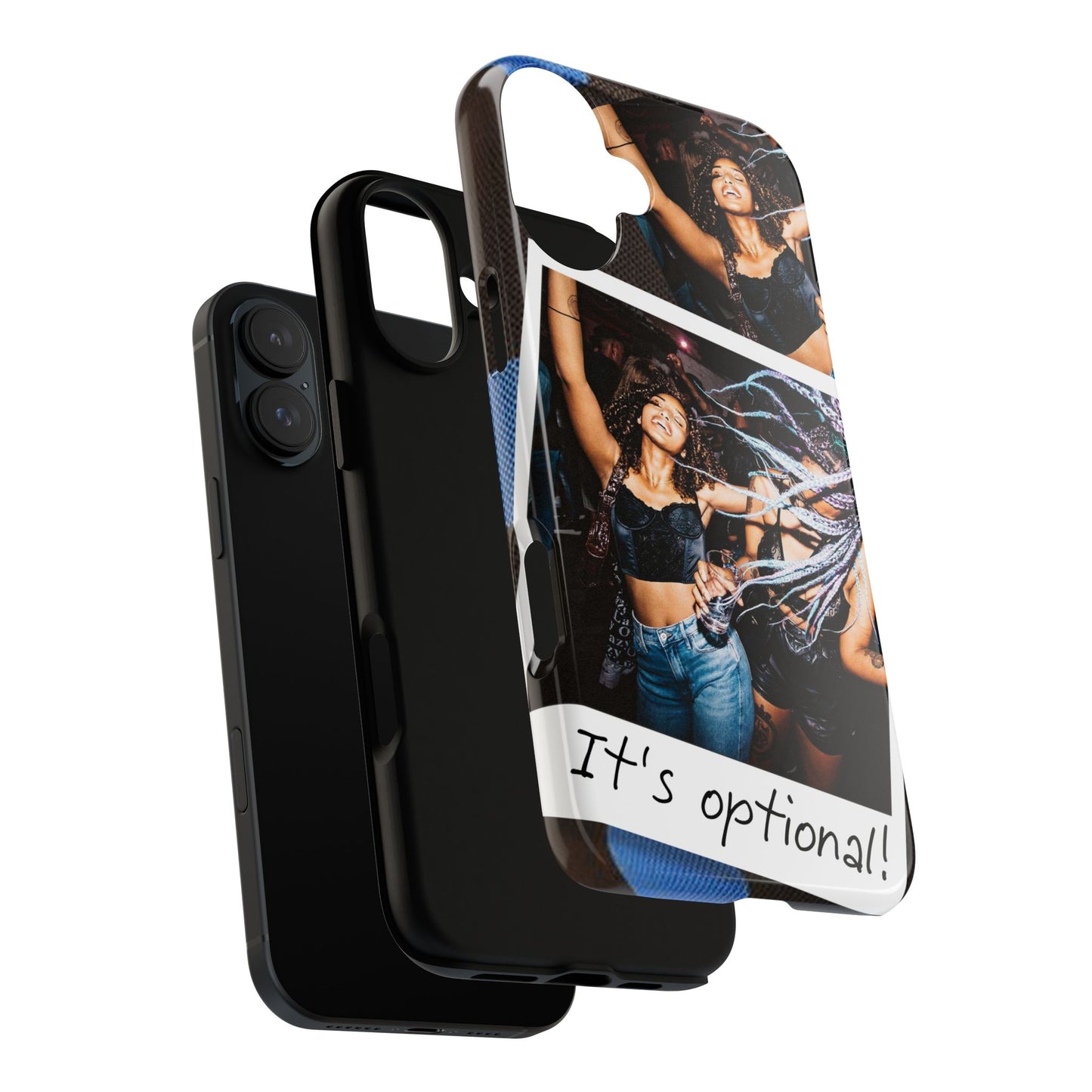 Two Image Personalised Polaroid Photo on Blue Polka Dot Protective Tough Case for Apple iPhone, Samsung Galaxy and Google Pixel.