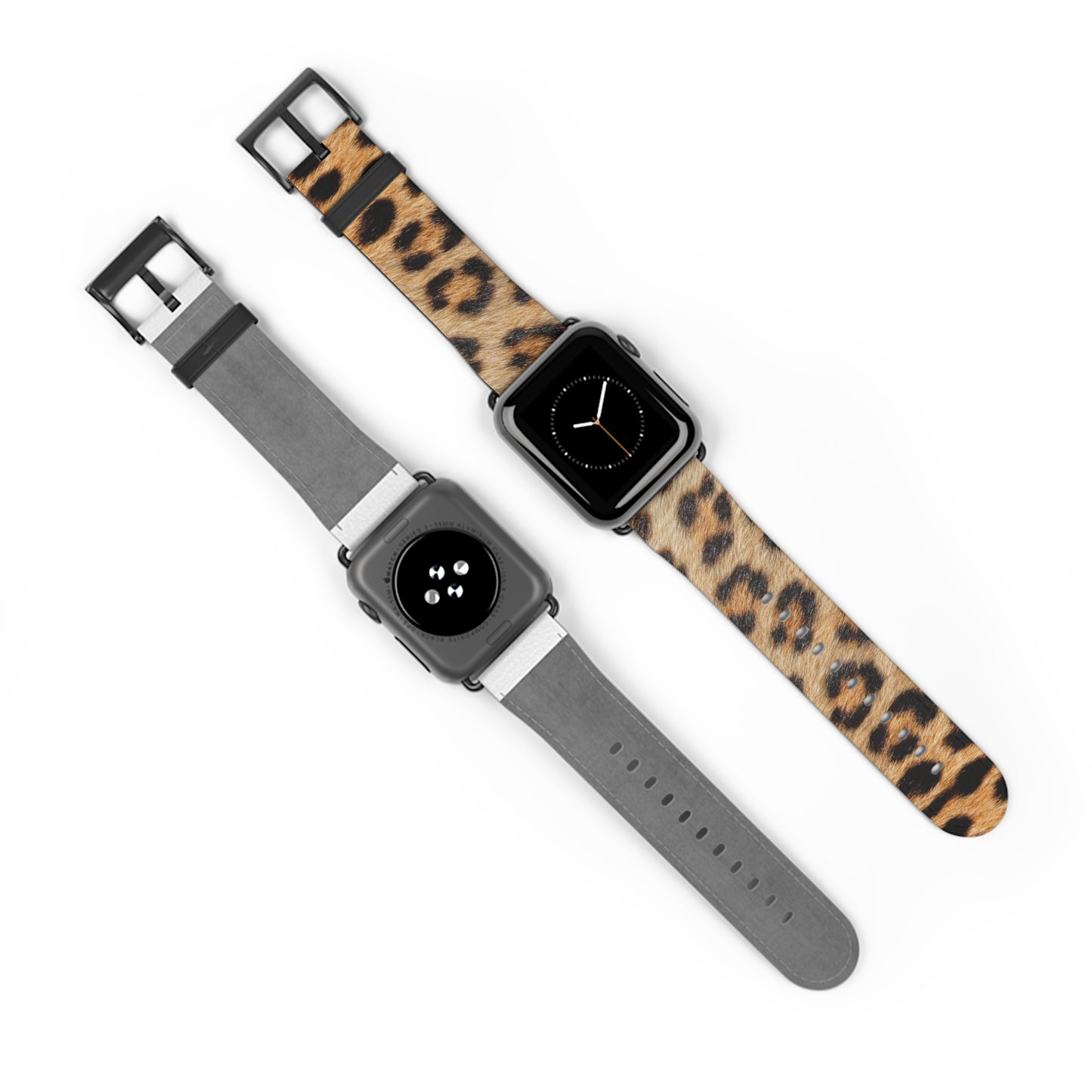 Leopard fur Apple Watch band in faux leather, big cat pattern, stylish gift for her, stainless steel buckle