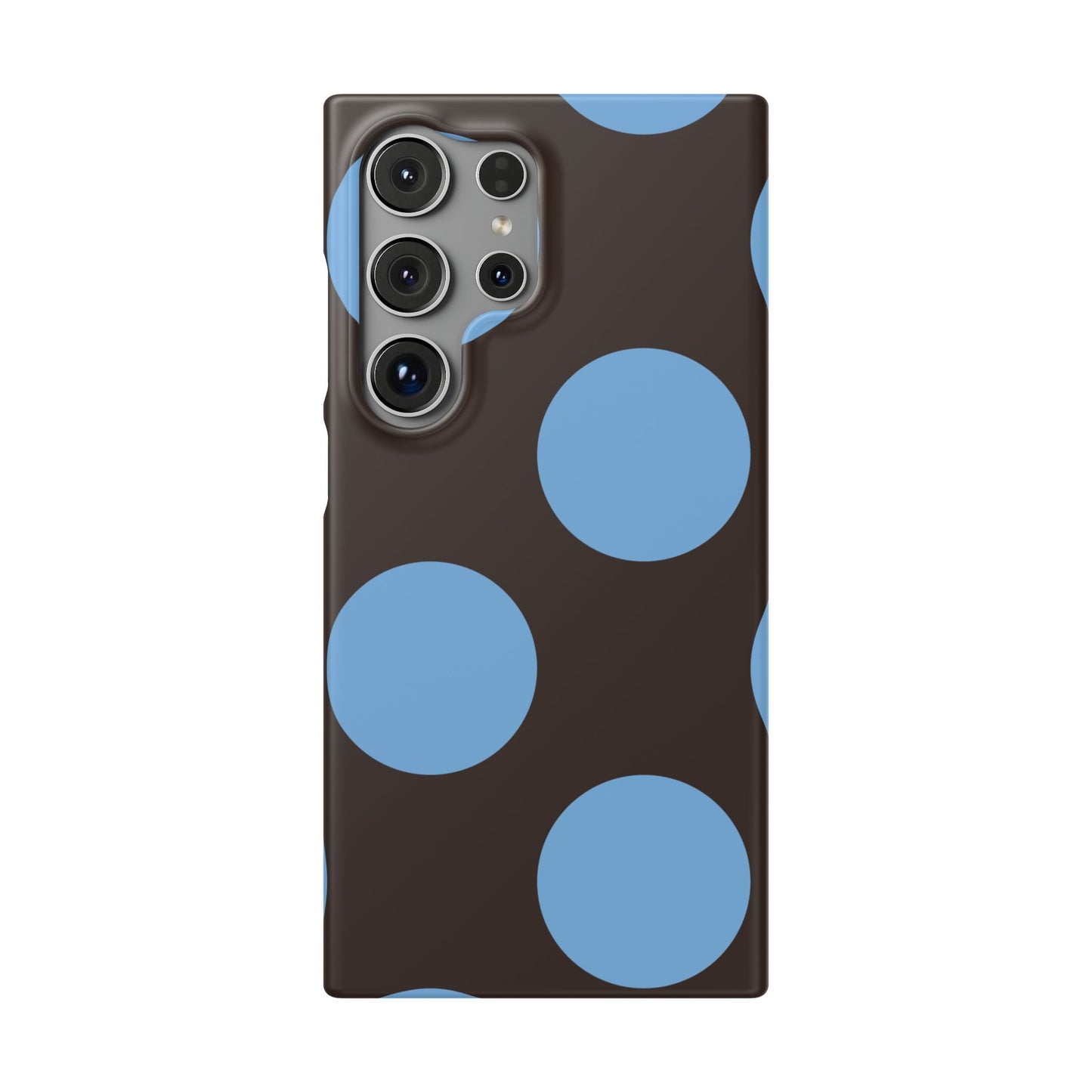 Matte Black with Large Sky Blue Polka Dots Slim Phone Case for Apple iPhone, Samsung Galaxy and Google Pixel.