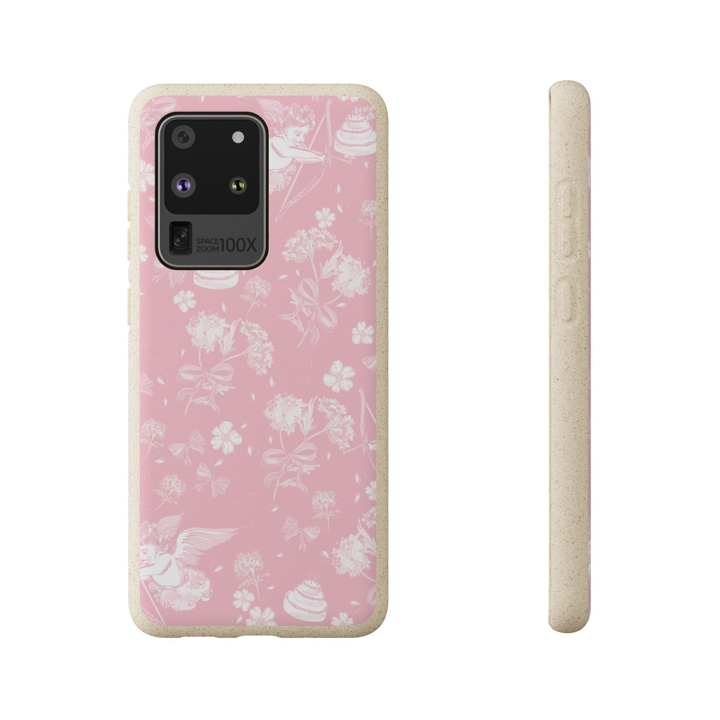 Pink Floral Cherub Biodegradable Phone Case for Apple iPhone and Samsung Galaxy.