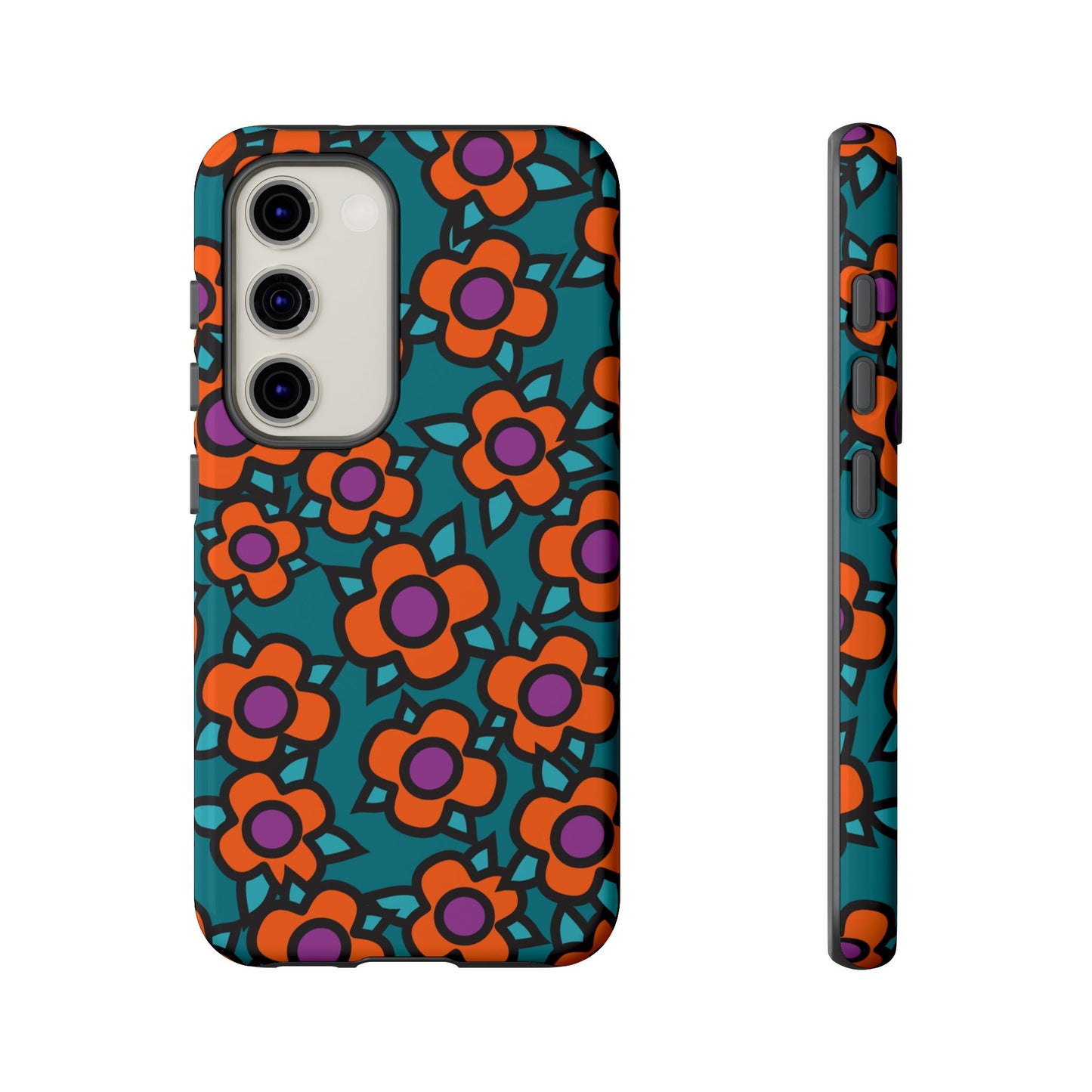 Floral Pop Tough Phone Case — Retro Orange & Teal Flower Pattern