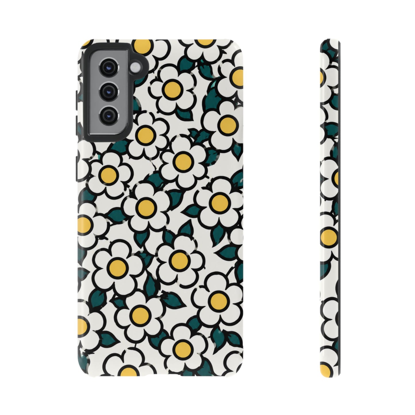 Floral Daisy Tough Phone Case — Retro White & Yellow Protective Cover