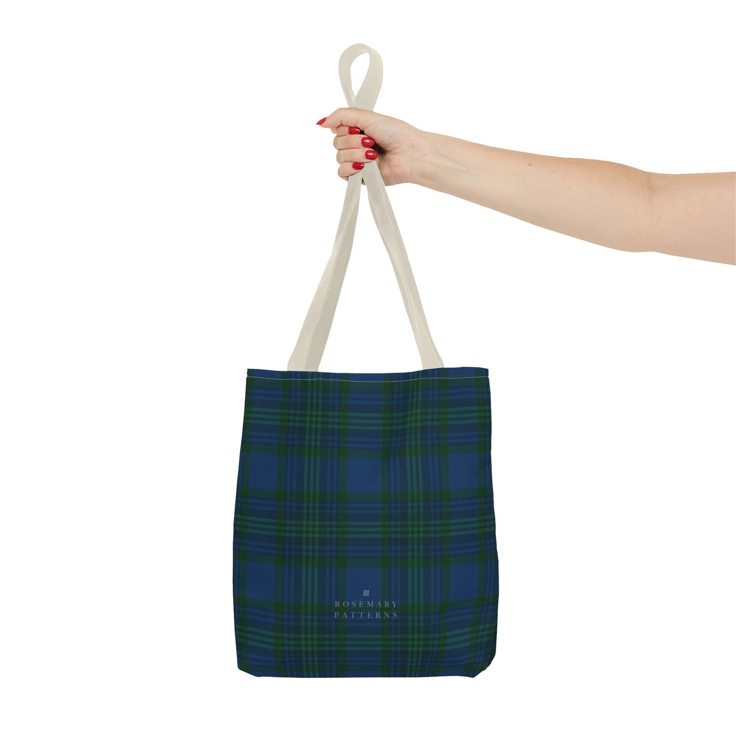 Tartan plaid tote bag in blue and green, eco friendly reusable market tote with Scottish pattern, cotton handles