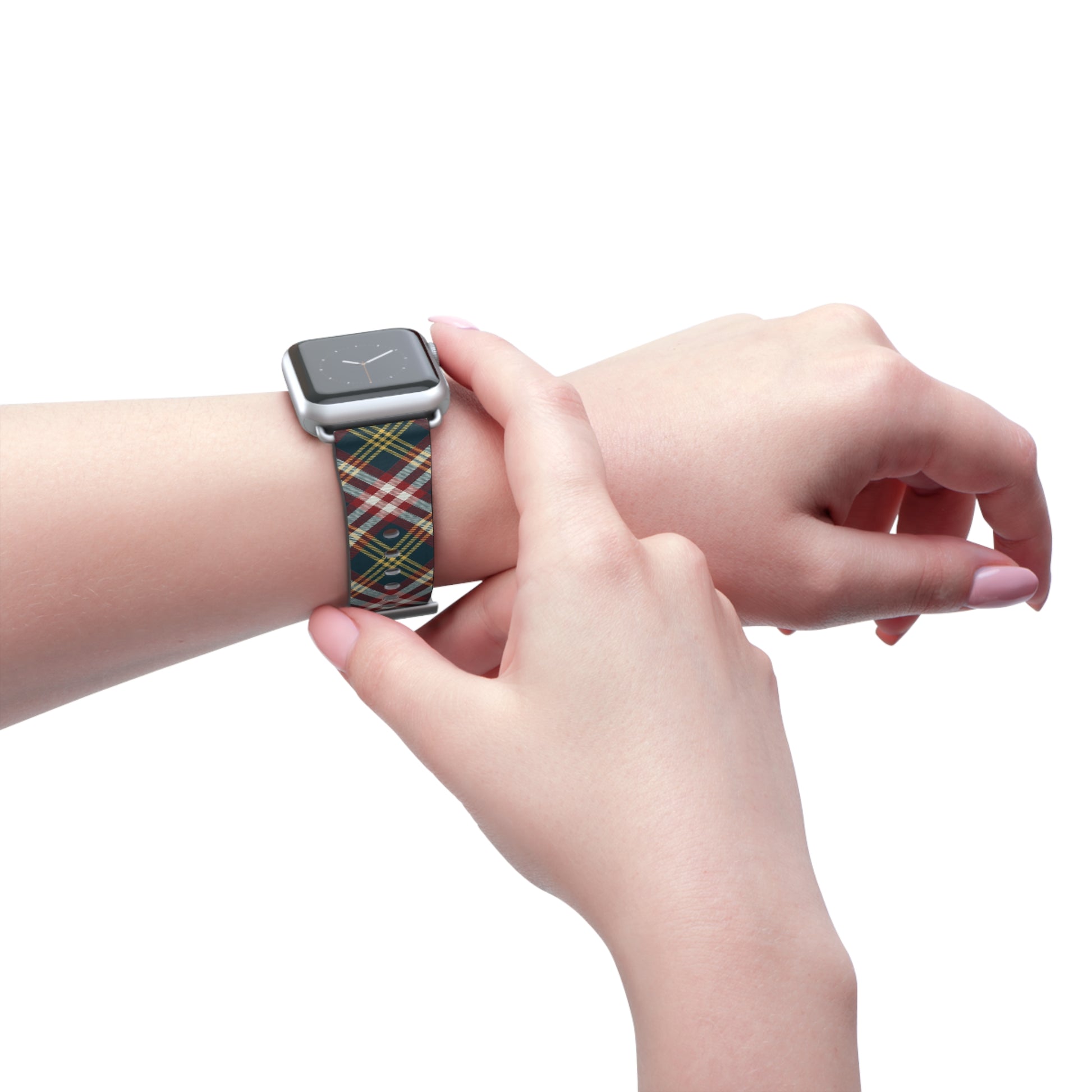Plaid watch band in classic red and green tartan, cozy accessory for Apple Watch, stainless steel buckle, autumn style