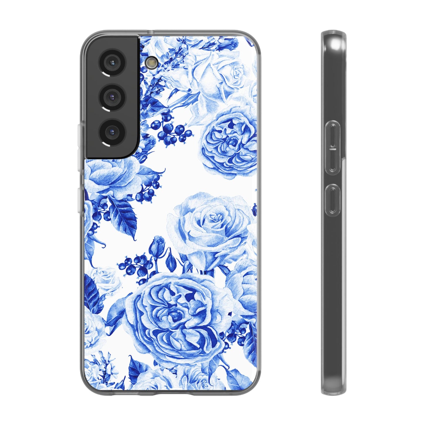 Blue Floral Phone Case — Hand-Painted Rose Pattern Flexi Case for Apple iPhone, Samsung Galaxy and Google Pixel.