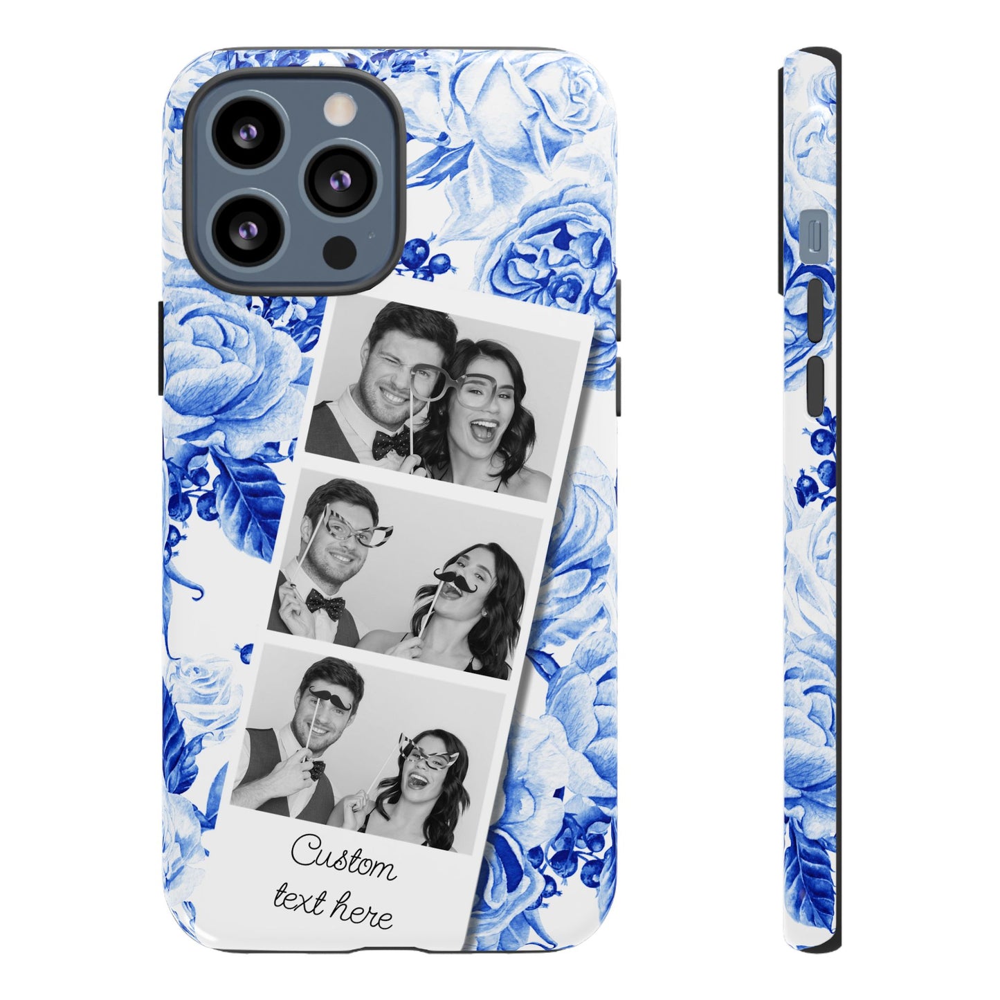 Three Photo Personalised Blue Floral Image Strip Custom Phone Case