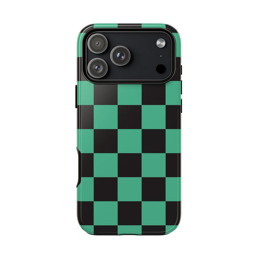 Tanjiro Checkerboard Tough Phone Case – Green & Black Protective Cover