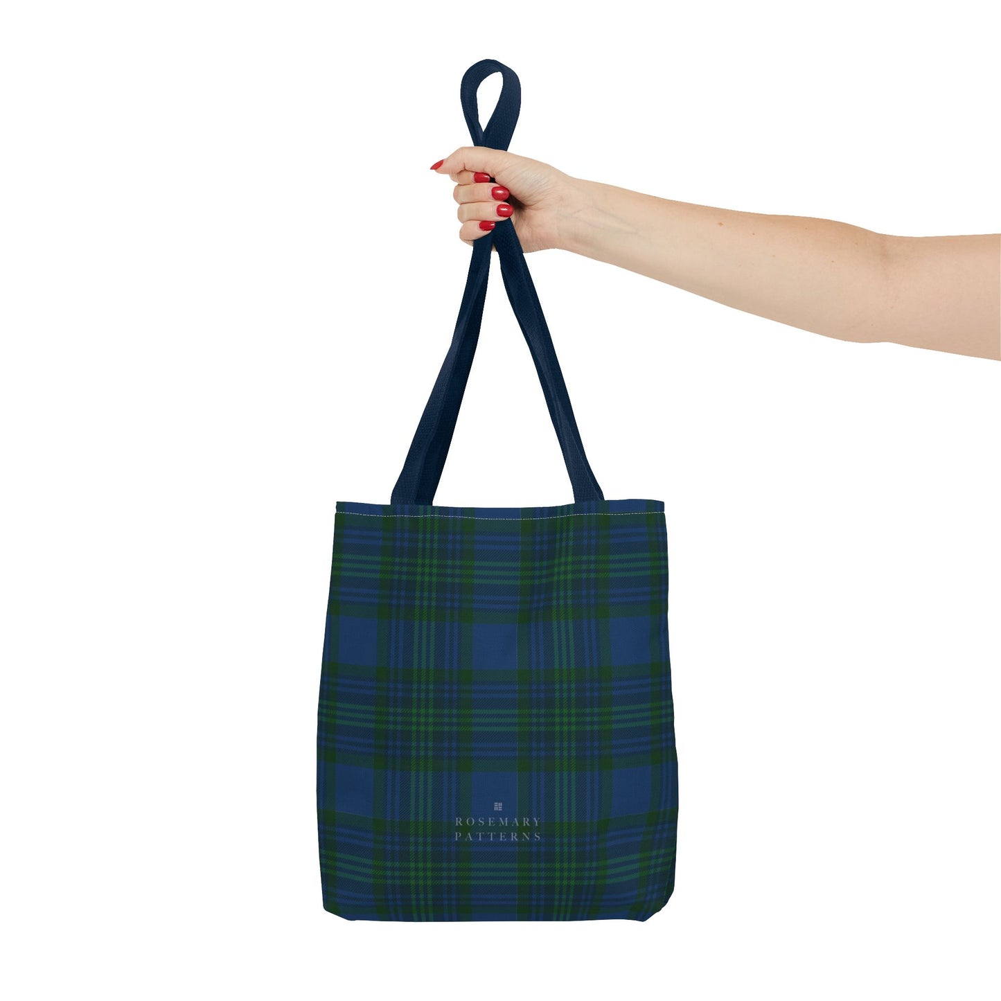 Tartan plaid tote bag in blue and green, eco friendly reusable market tote with Scottish pattern, cotton handles