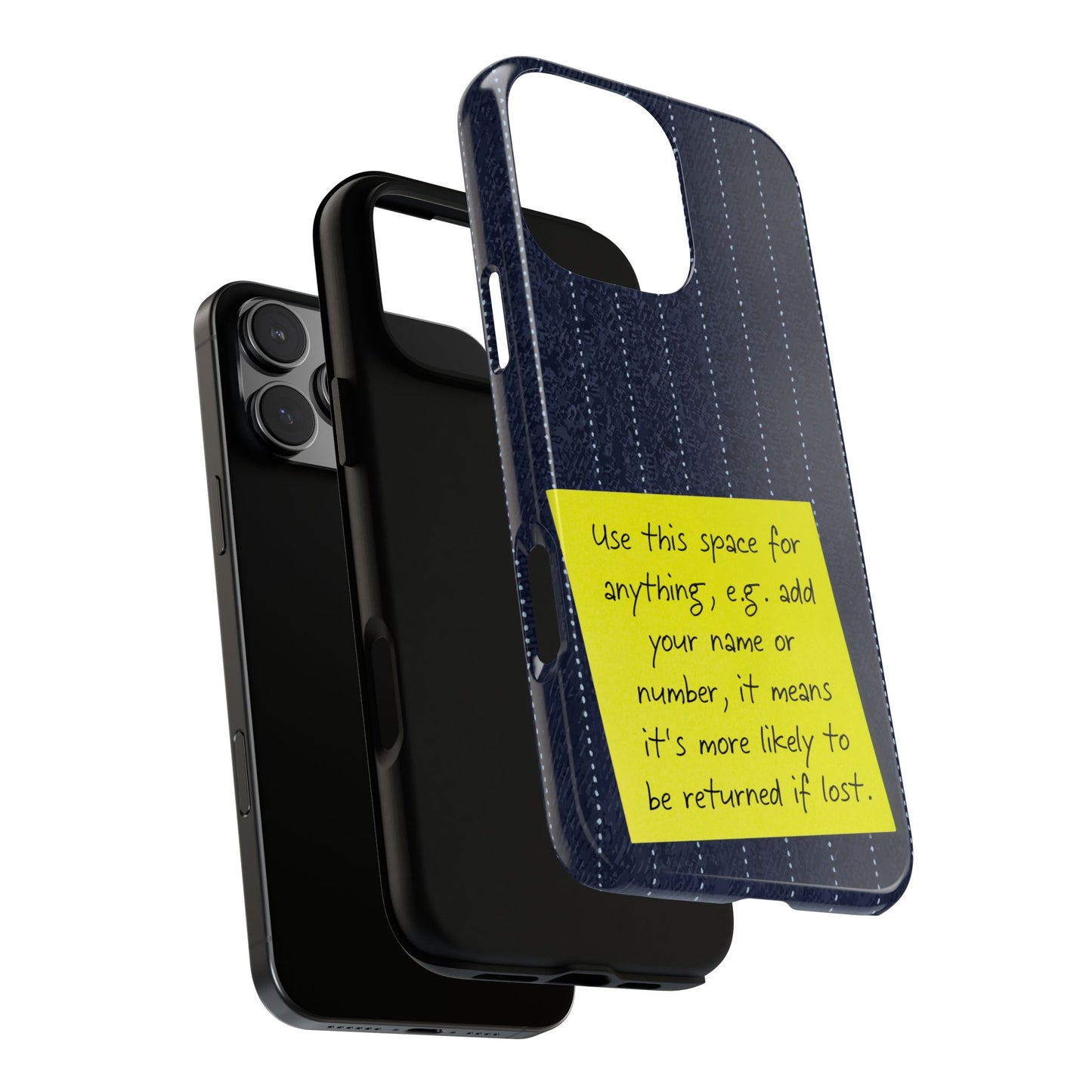 Navy Pinstripe Design with Yellow Sticky Note Personalised Tough Phone Case for Apple iPhone, Samsung Galaxy and Google Pixel.