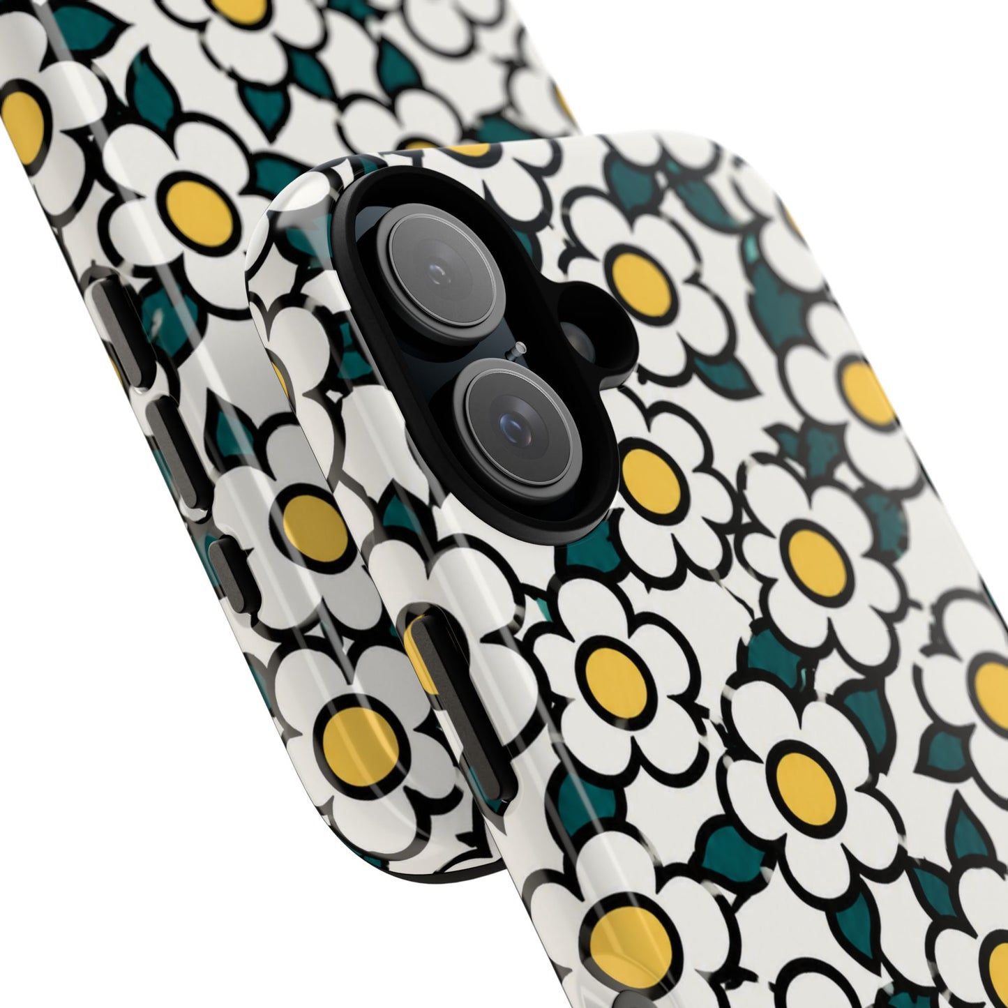 Floral Daisy Tough Phone Case — Retro White & Yellow Protective Cover