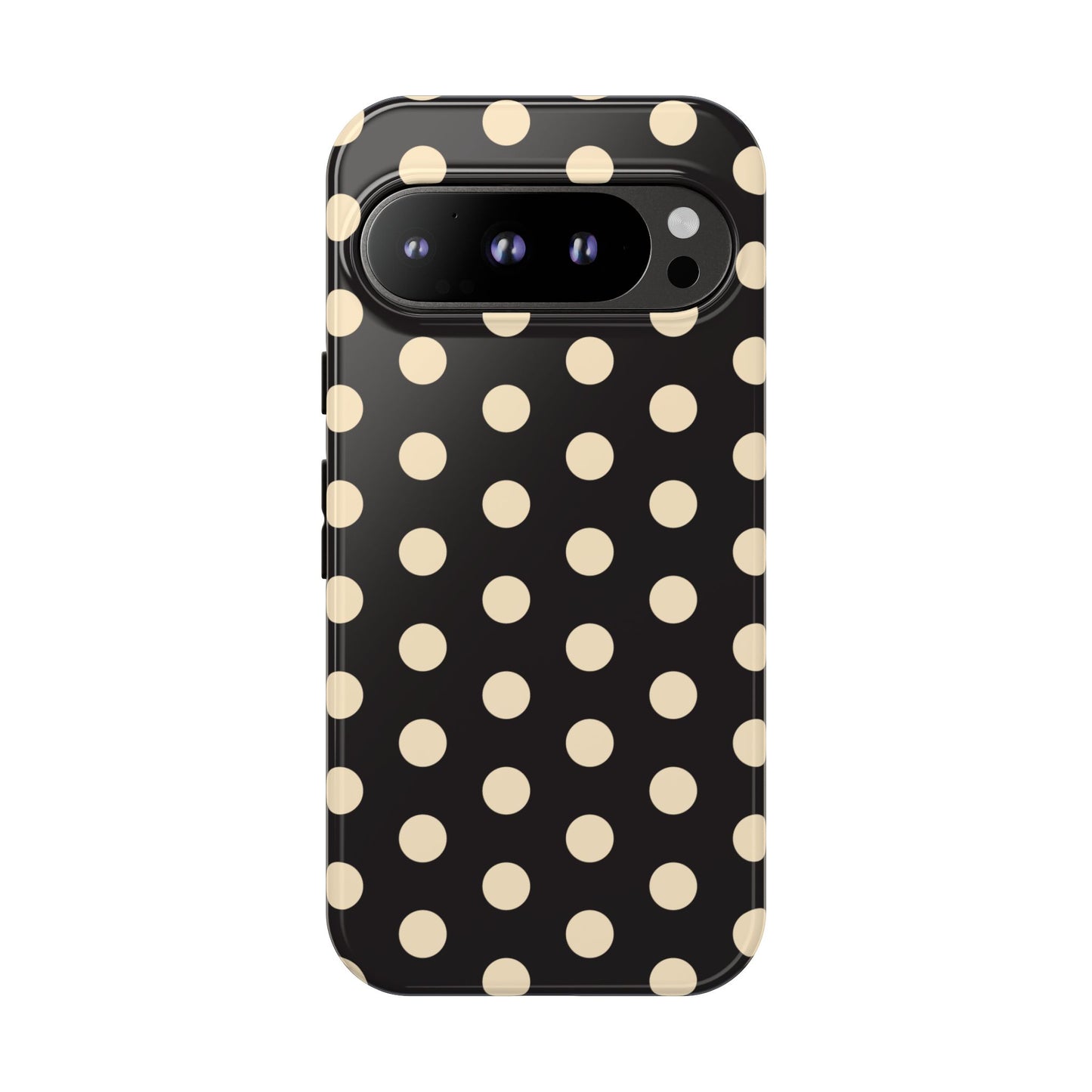 Polka Dot Tough Phone Case — Black with Cream Dots, Protective Slim Phone Cover