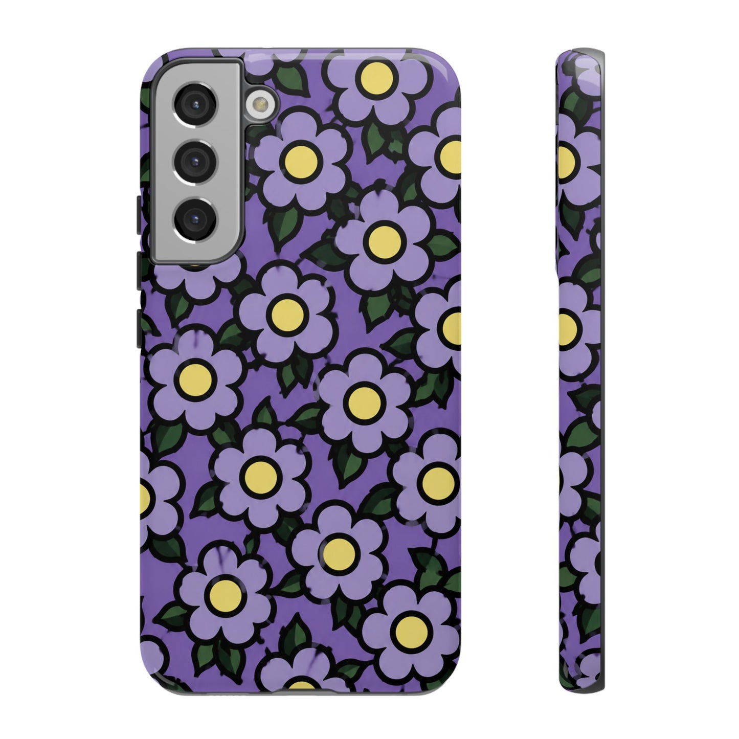 Purple Floral Tough Phone Case — Durable Protective Phone Cover with Cute Daisy Pattern