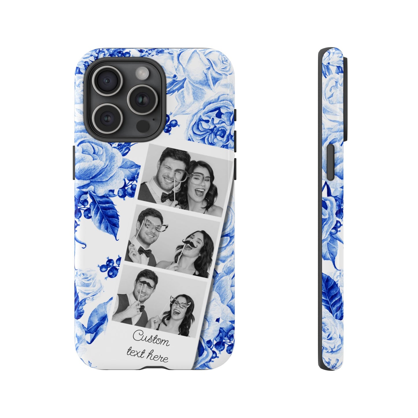 Three Photo Personalised Blue Floral Image Strip Custom Phone Case