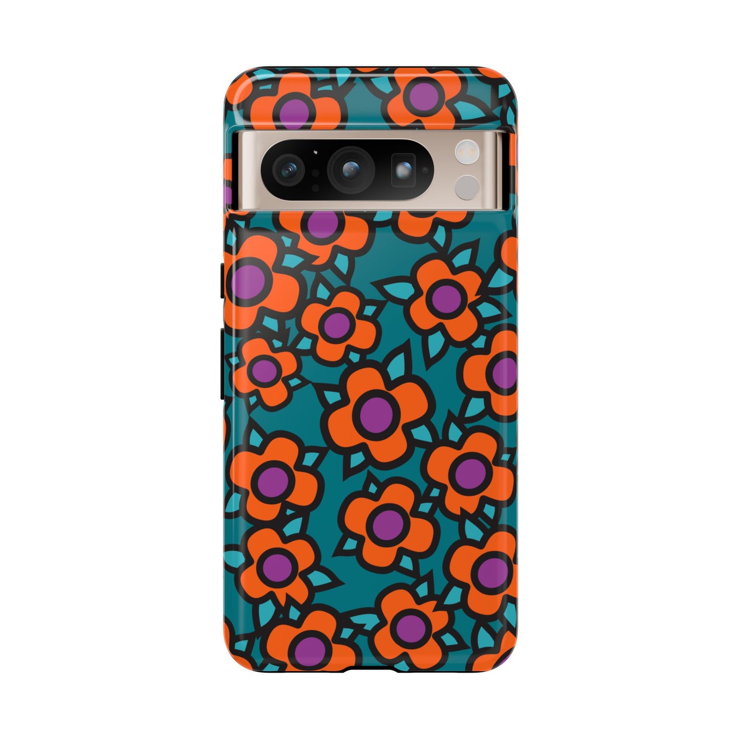 Floral Pop Tough Phone Case — Retro Orange & Teal Flower Pattern