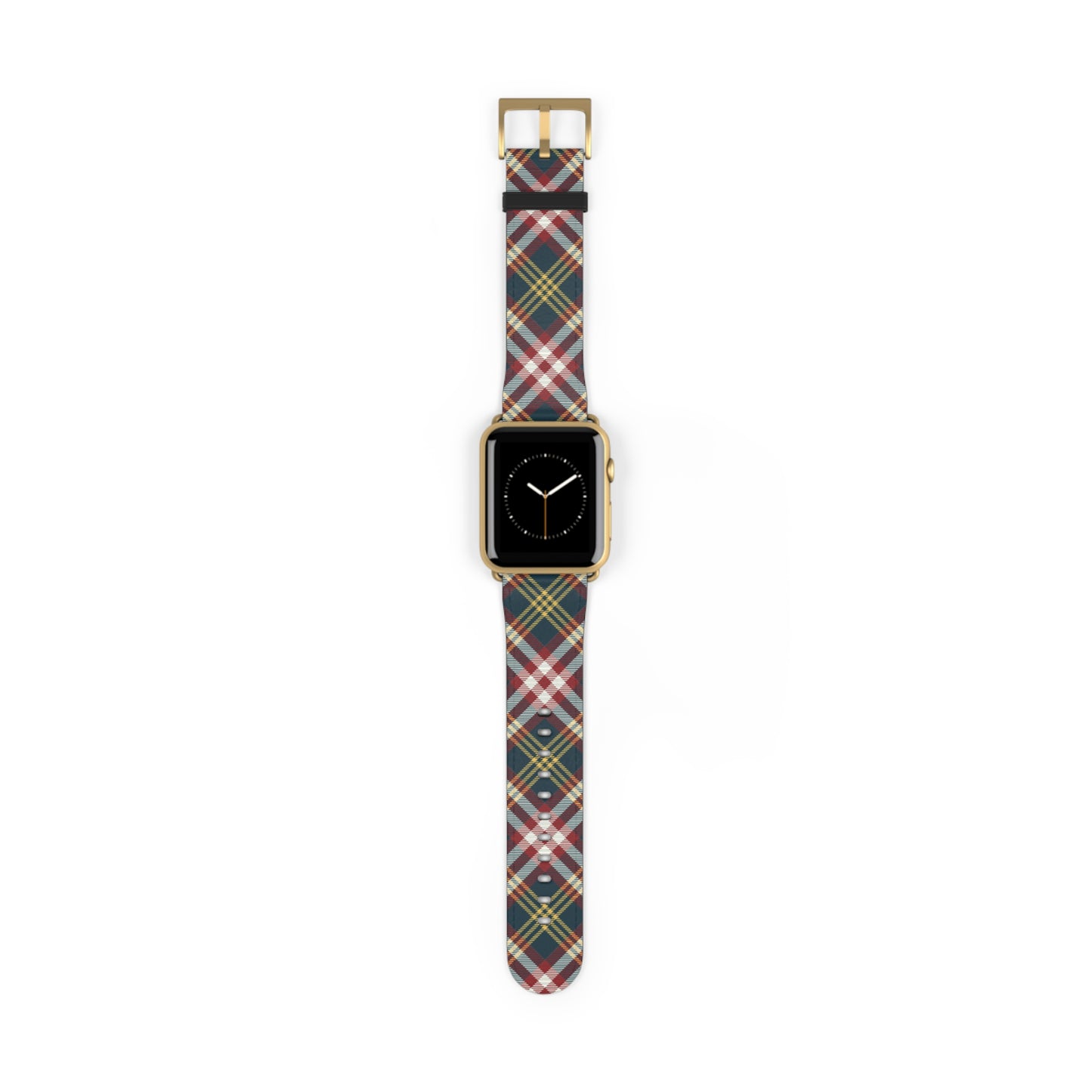 Plaid watch band in classic red and green tartan, cozy accessory for Apple Watch, stainless steel buckle, autumn style