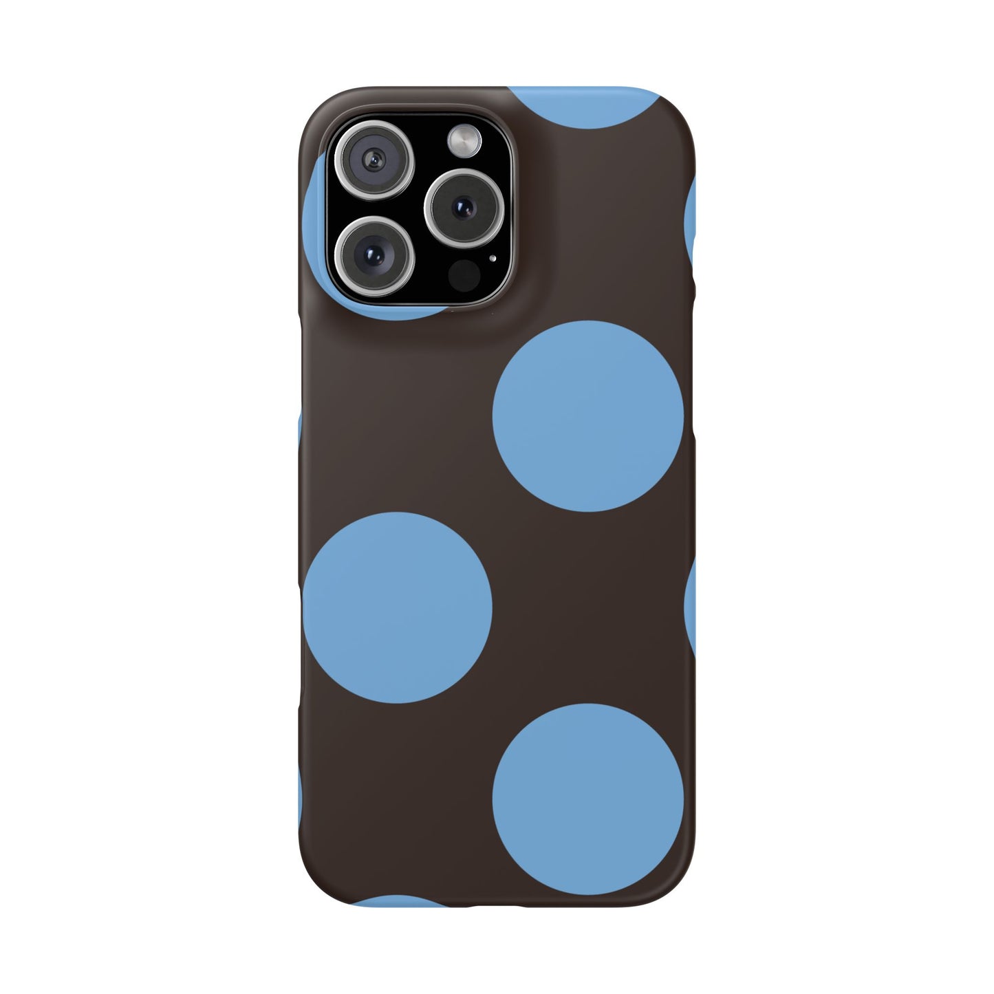 Matte Black with Large Sky Blue Polka Dots Slim Phone Case for Apple iPhone, Samsung Galaxy and Google Pixel.