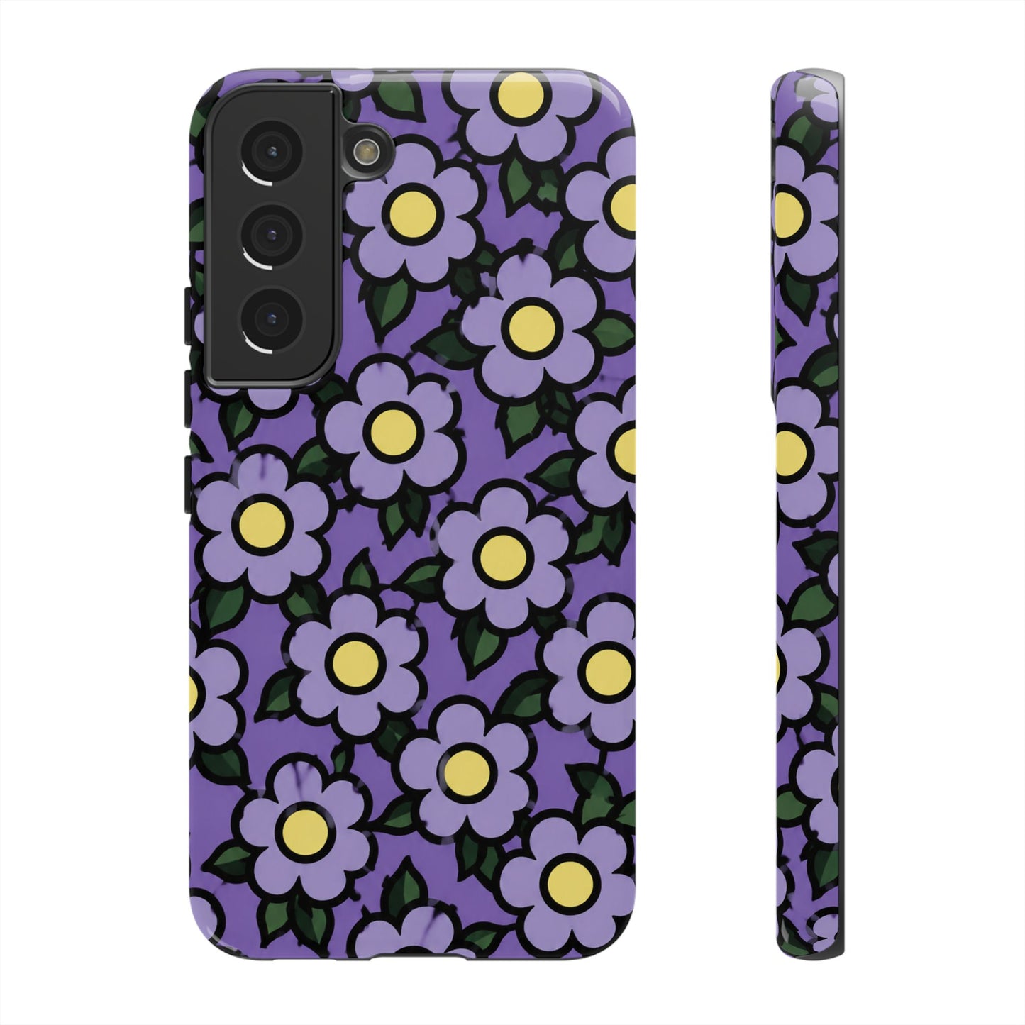 Purple Floral Tough Phone Case — Durable Protective Phone Cover with Cute Daisy Pattern