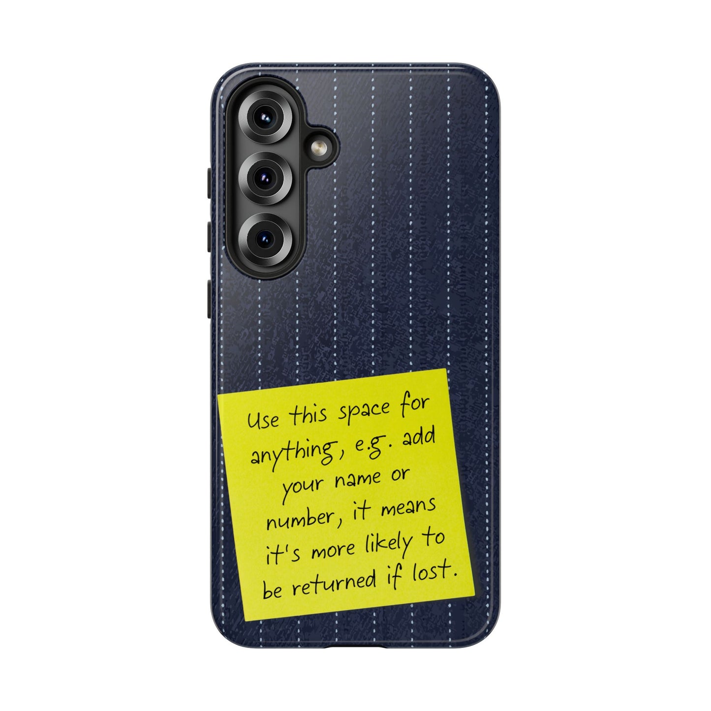 Navy Pinstripe Design with Yellow Sticky Note Personalised Tough Phone Case for Apple iPhone, Samsung Galaxy and Google Pixel.
