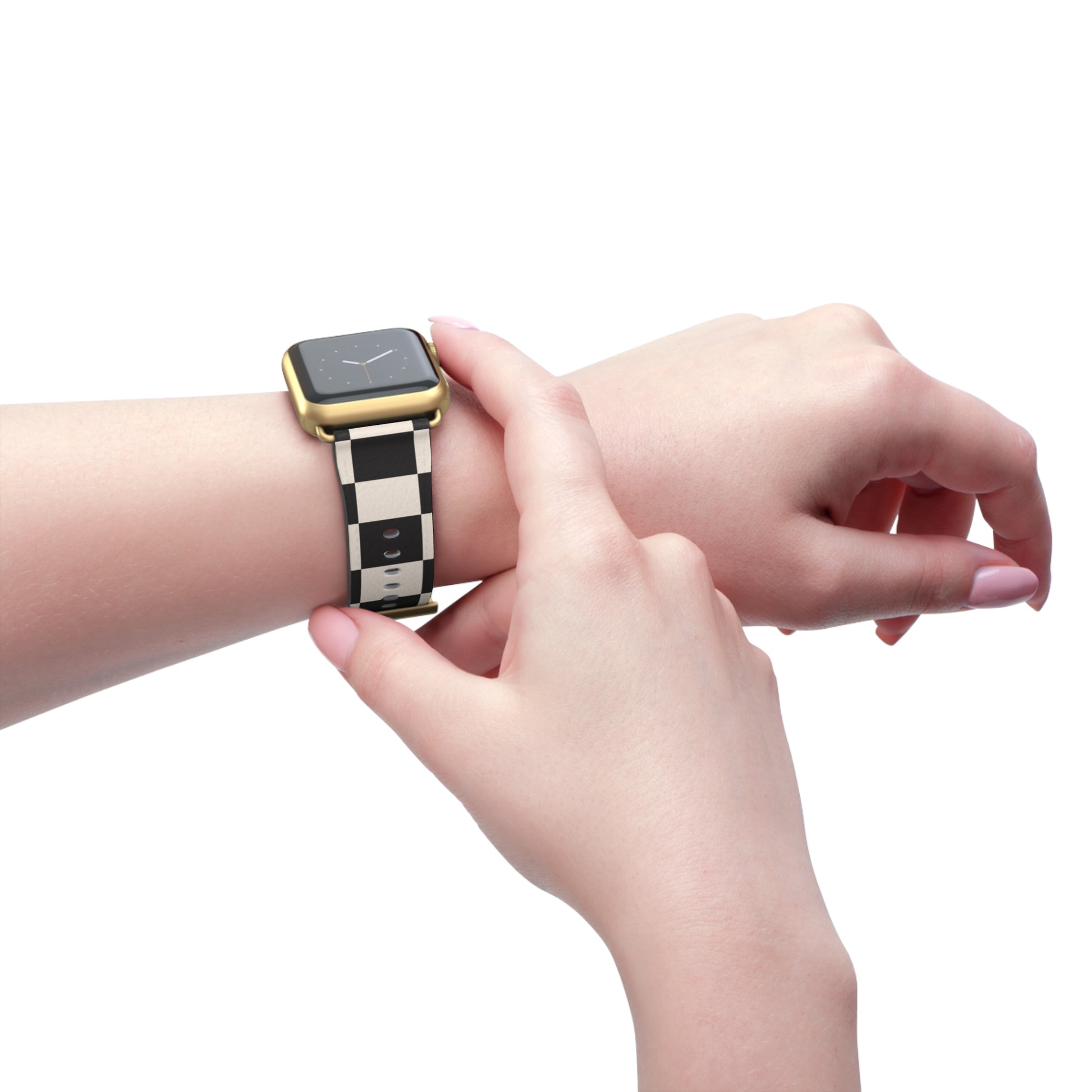 Apple Watch band in black and ivory chequered faux-leather, classic accessory for men and women, stainless steel buckle