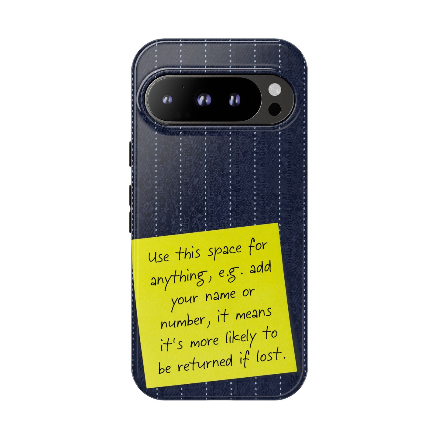Navy Pinstripe Design with Yellow Sticky Note Personalised Tough Phone Case for Apple iPhone, Samsung Galaxy and Google Pixel.