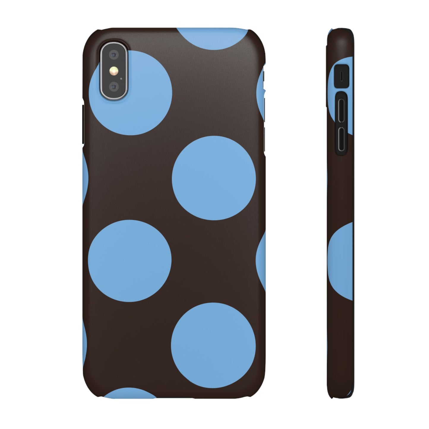 Matte Black with Large Sky Blue Polka Dots Slim Phone Case for Apple iPhone, Samsung Galaxy and Google Pixel.