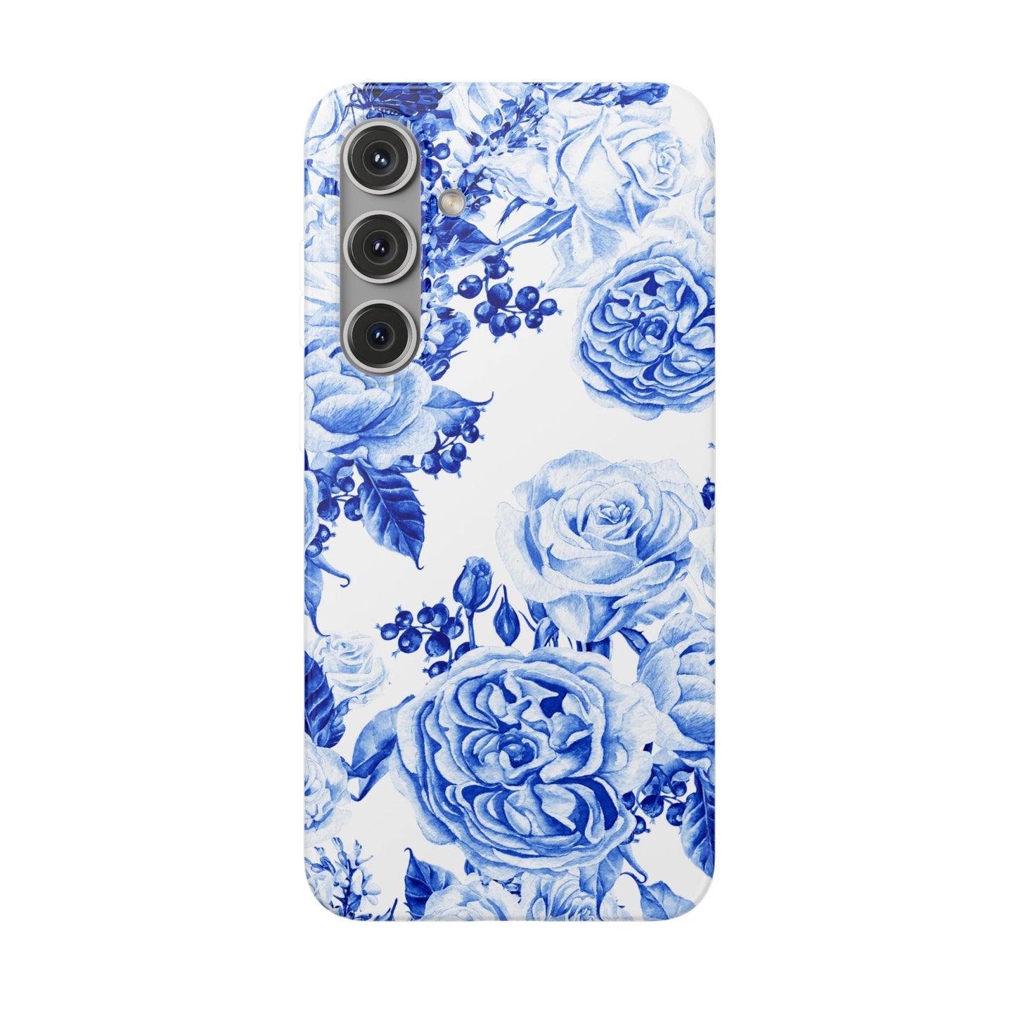 Blue Floral Phone Case — Hand-Painted Rose Pattern Flexi Case for Apple iPhone, Samsung Galaxy and Google Pixel.