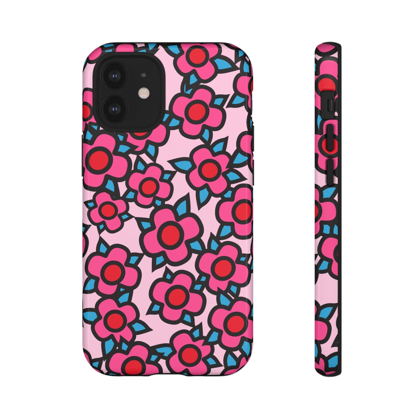 Floral Pink Tough Phone Case — Retro Red & Teal Flower Pattern