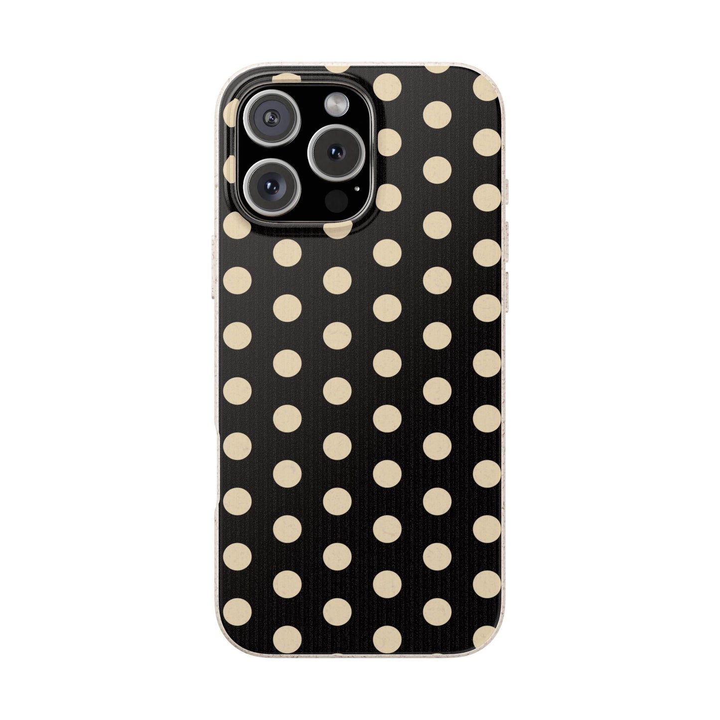 Eco-Friendly Black & Cream Polka Dot Pattern Biodegradable Phone Case for Apple iPhone and Samsung Galaxy.