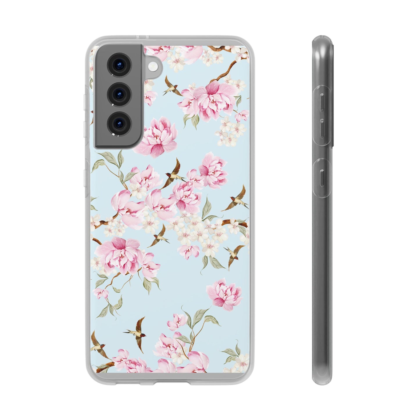 Floral Cherry Blossom Flexi Phone Case - Pink Blossoms on Sky Blue Flexible Case for Apple iPhone, Samsung Galaxy.