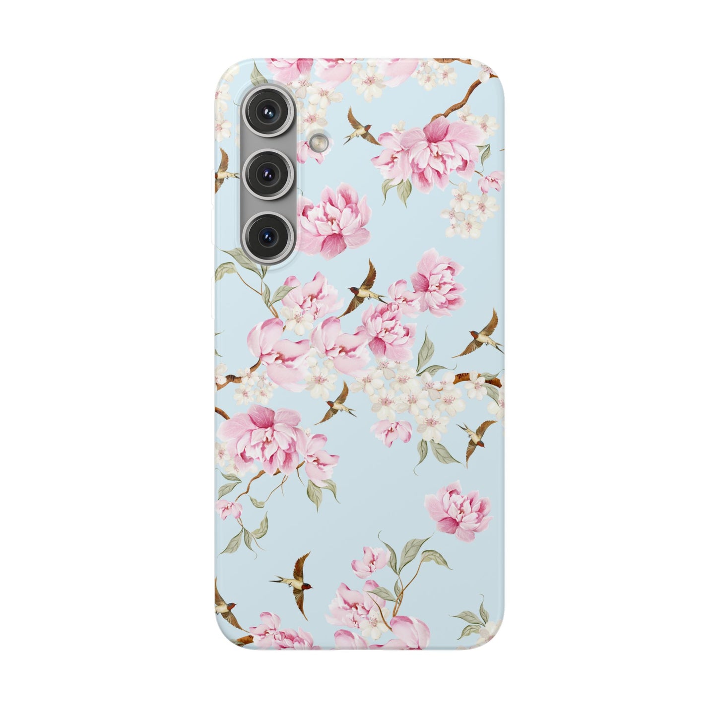 Floral Cherry Blossom Flexi Phone Case - Pink Blossoms on Sky Blue Flexible Case for Apple iPhone, Samsung Galaxy.