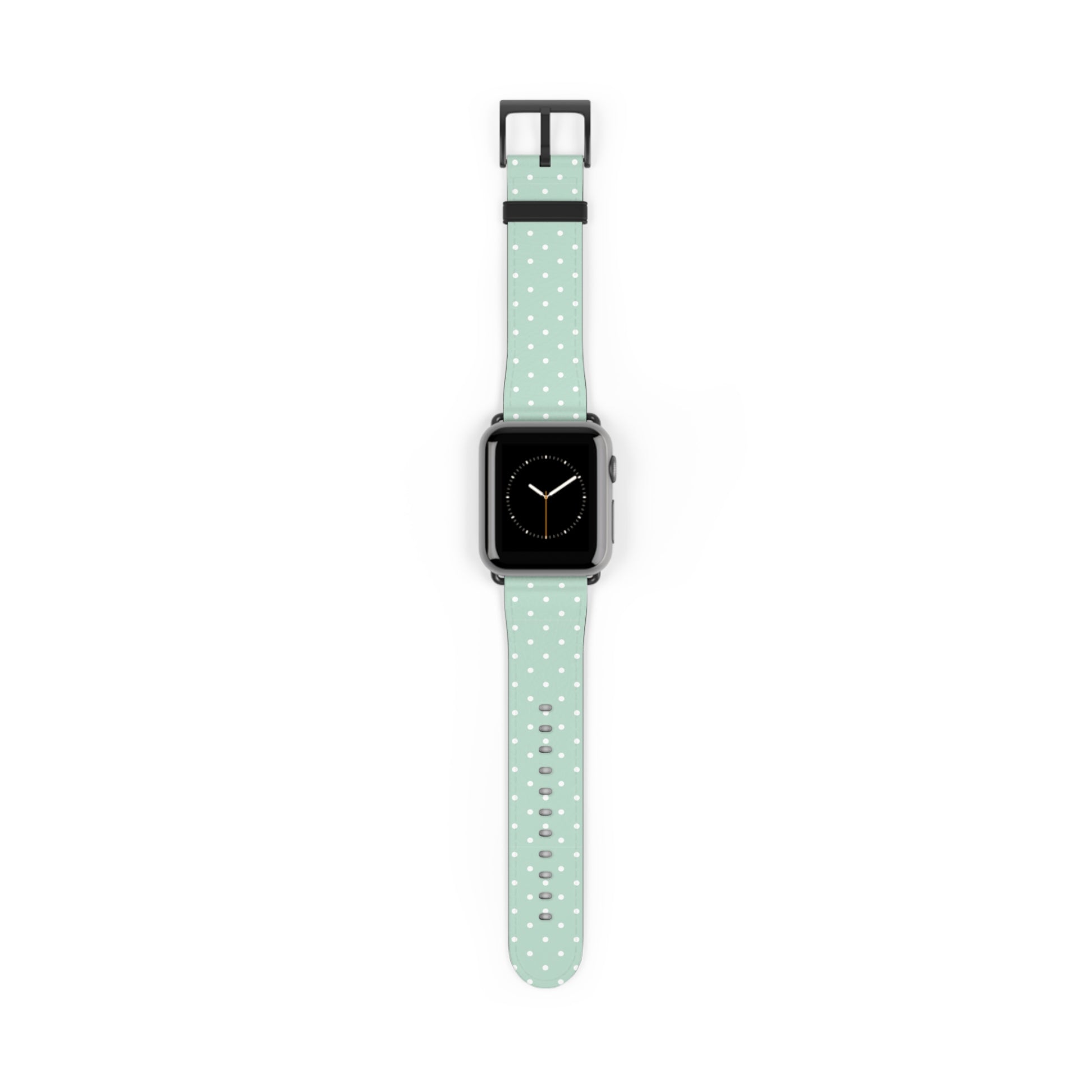 Mint polka dot watch band in pastel green, cute apple watch band for women, soft faux leather strap with white stars