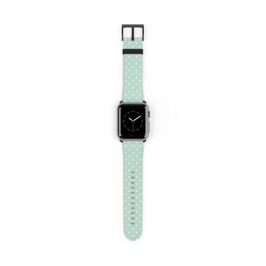 Mint polka dot watch band in pastel green, cute apple watch band for women, soft faux leather strap with white stars