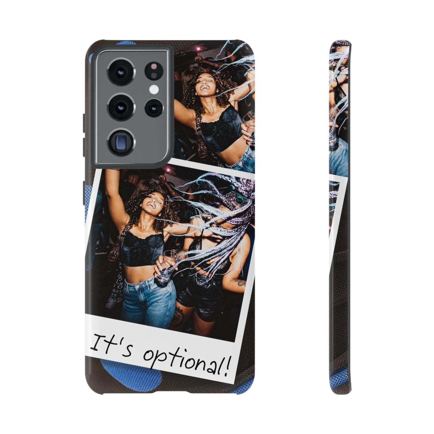 Two Image Personalised Polaroid Photo on Blue Polka Dot Protective Tough Case for Apple iPhone, Samsung Galaxy and Google Pixel.