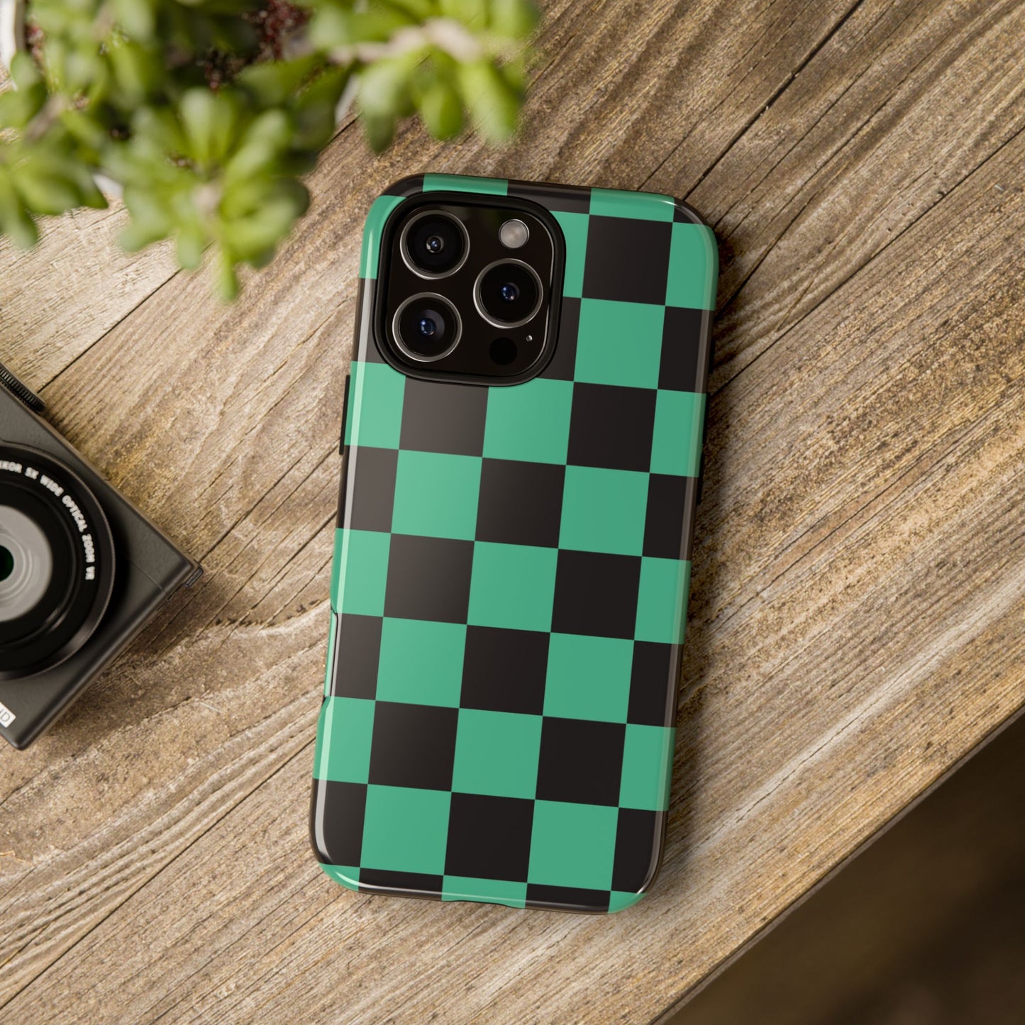 Tanjiro Checkerboard Tough Phone Case – Green & Black Protective Cover