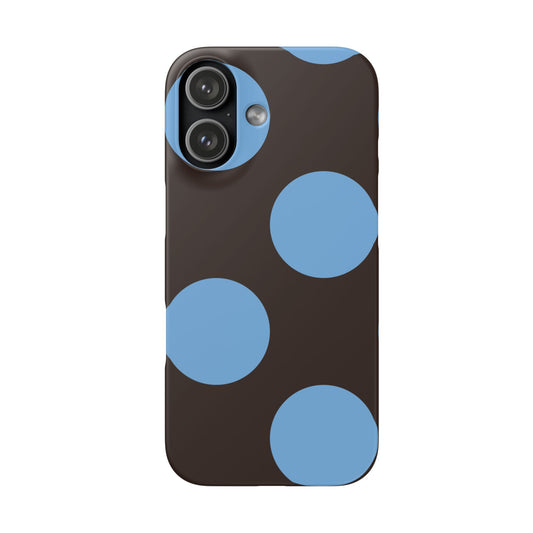 Matte Black with Large Sky Blue Polka Dots Slim Phone Case for Apple iPhone, Samsung Galaxy and Google Pixel.