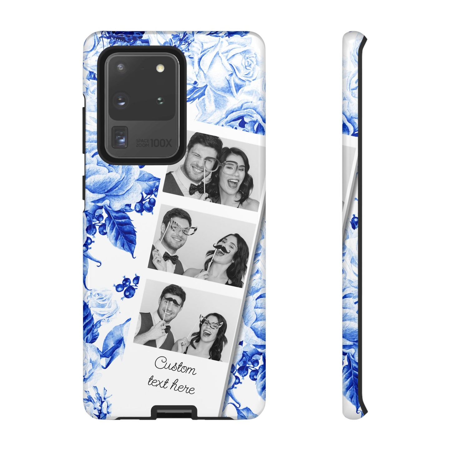 Three Photo Personalised Blue Floral Image Strip Custom Phone Case