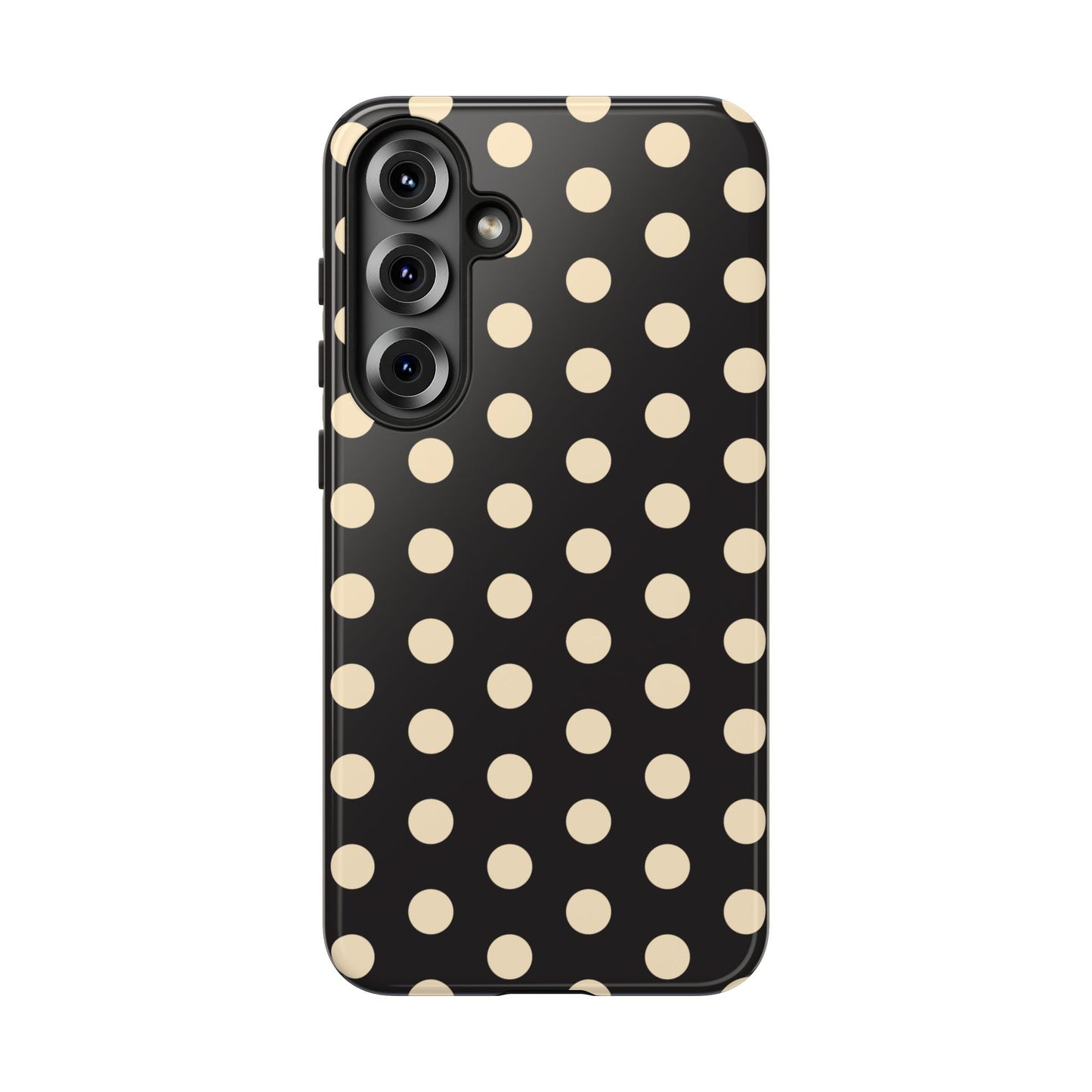 Polka Dot Tough Phone Case — Black with Cream Dots, Protective Slim Phone Cover
