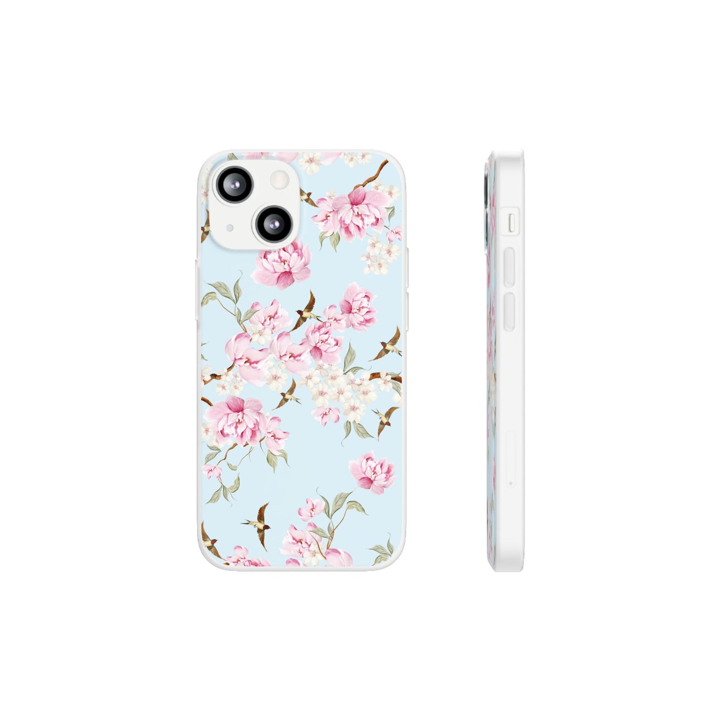 Floral Cherry Blossom Flexi Phone Case - Pink Blossoms on Sky Blue Flexible Case for Apple iPhone, Samsung Galaxy.