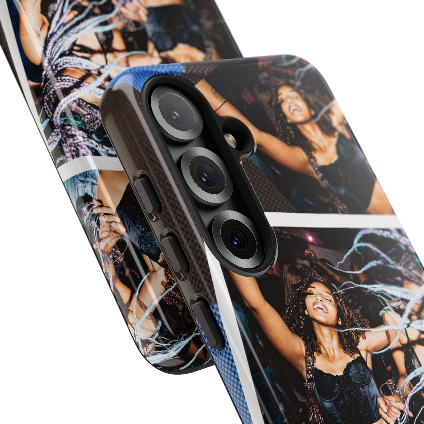 Two Image Personalised Polaroid Photo on Blue Polka Dot Protective Tough Case for Apple iPhone, Samsung Galaxy and Google Pixel.