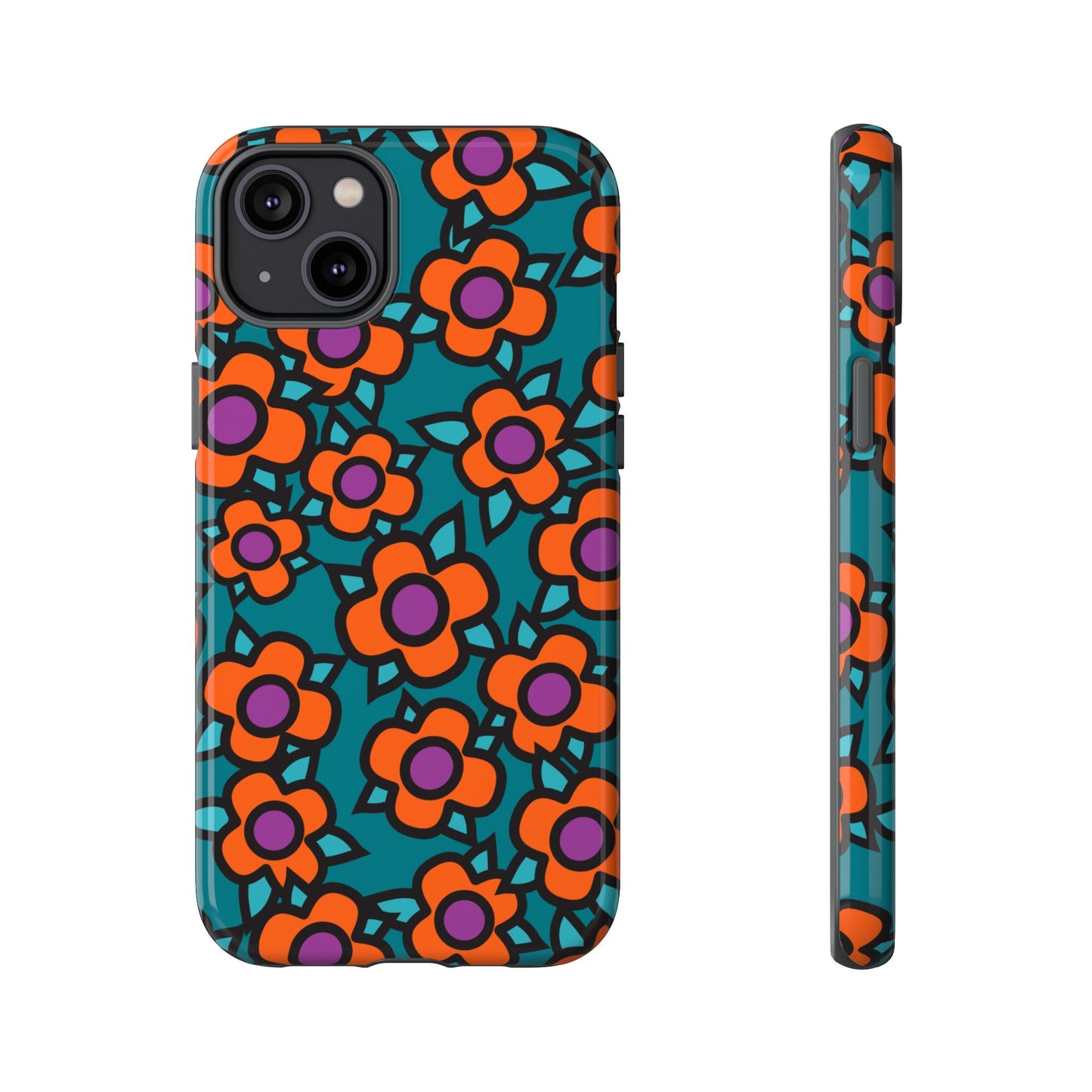 Floral Pop Tough Phone Case — Retro Orange & Teal Flower Pattern
