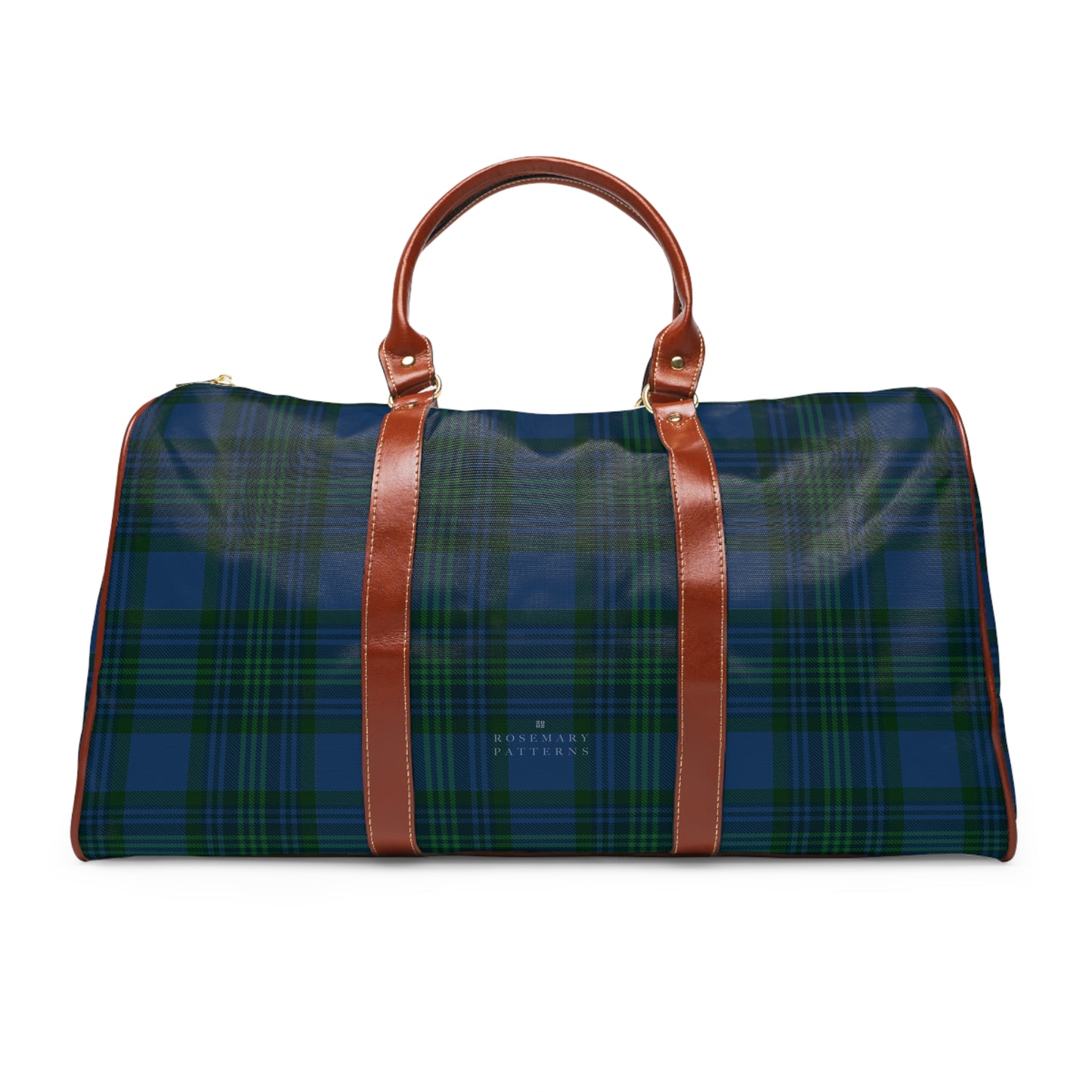 Tartan weekender bag with brown leather handles, waterproof duffel, perfect as a stylish airport carryon