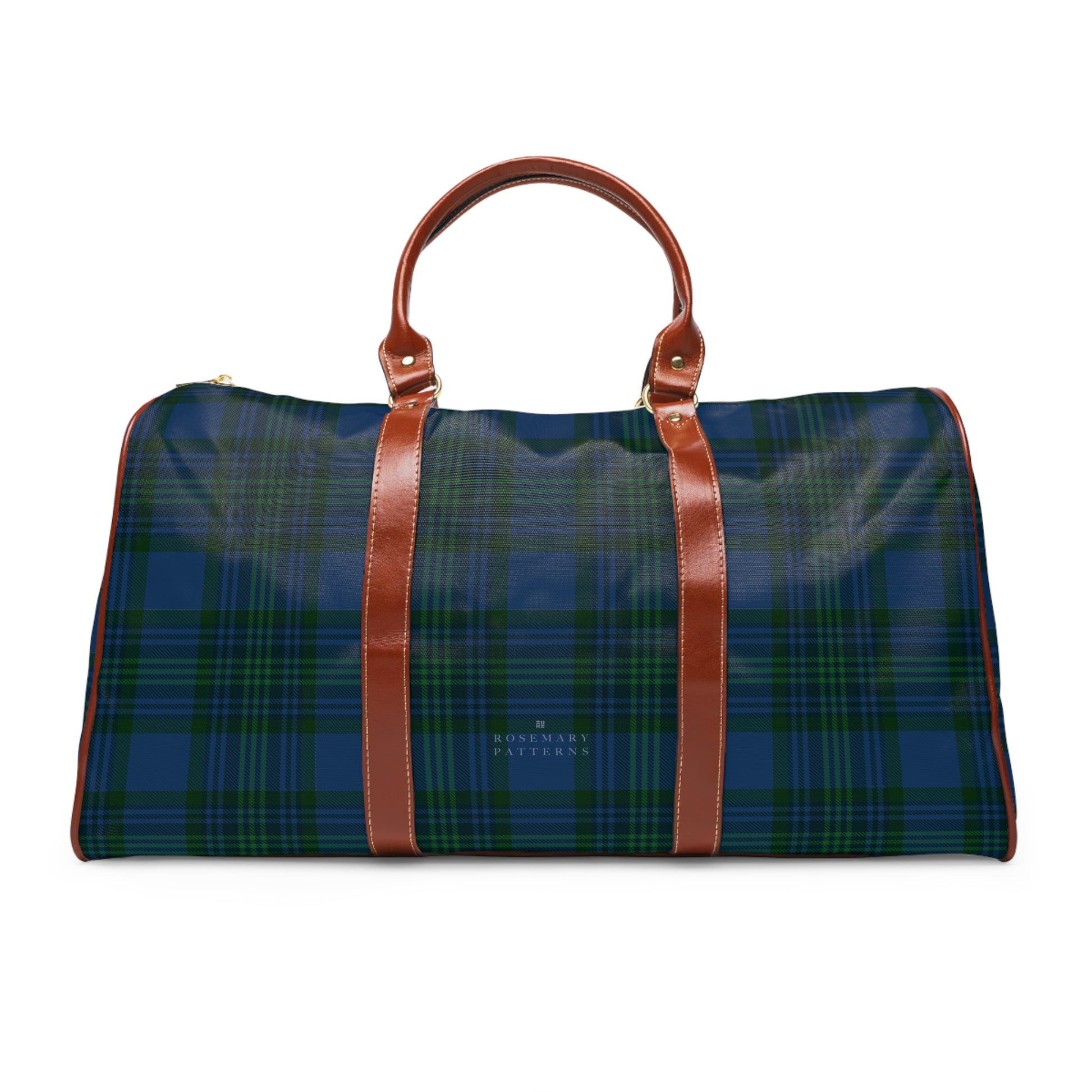 Tartan weekender bag with brown leather handles, waterproof duffel, perfect as a stylish airport carryon