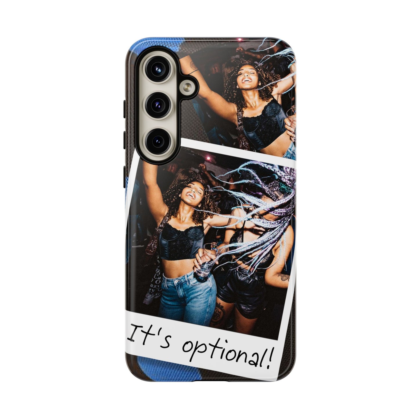 Two Image Personalised Polaroid Photo on Blue Polka Dot Protective Tough Case for Apple iPhone, Samsung Galaxy and Google Pixel.
