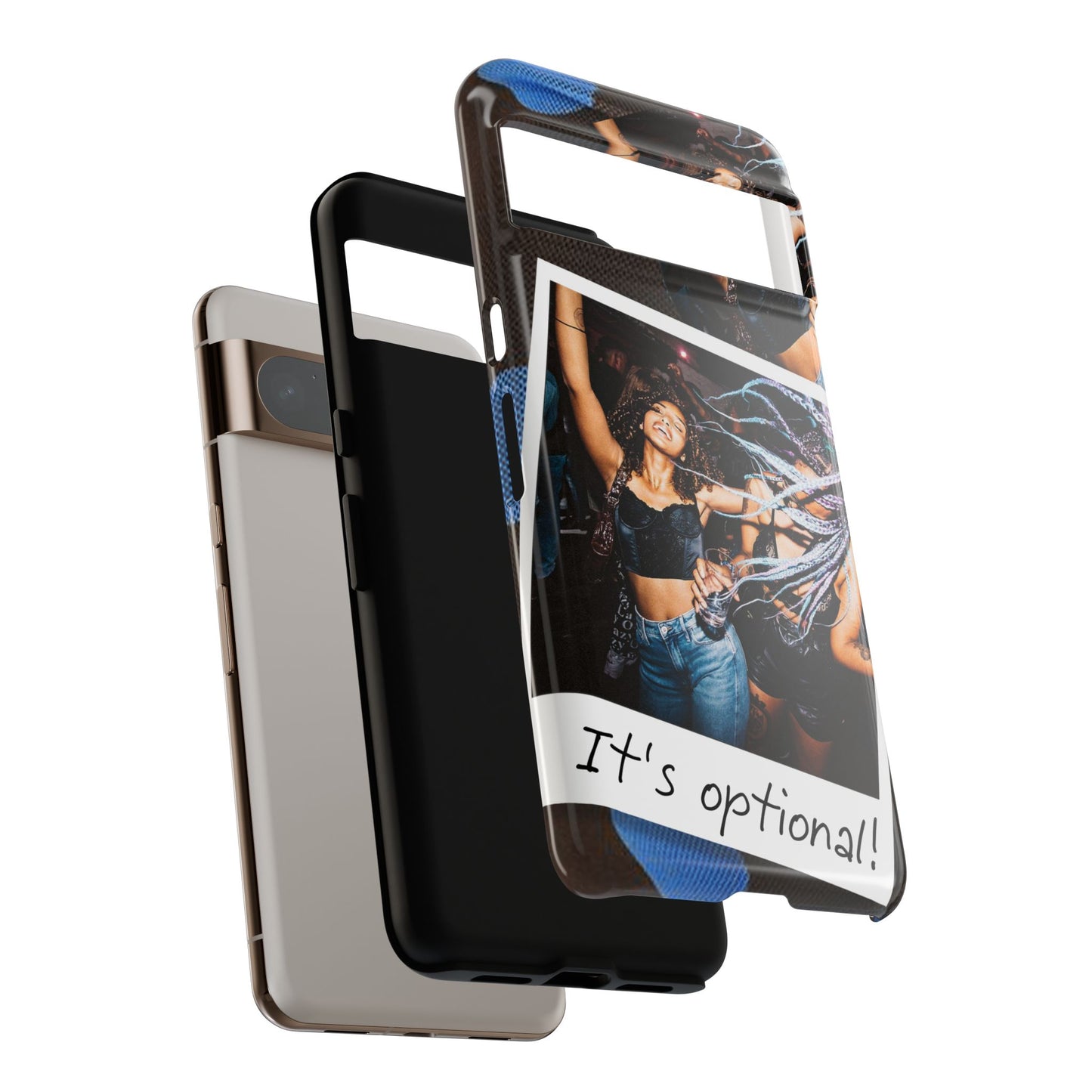 Two Image Personalised Polaroid Photo on Blue Polka Dot Protective Tough Case for Apple iPhone, Samsung Galaxy and Google Pixel.