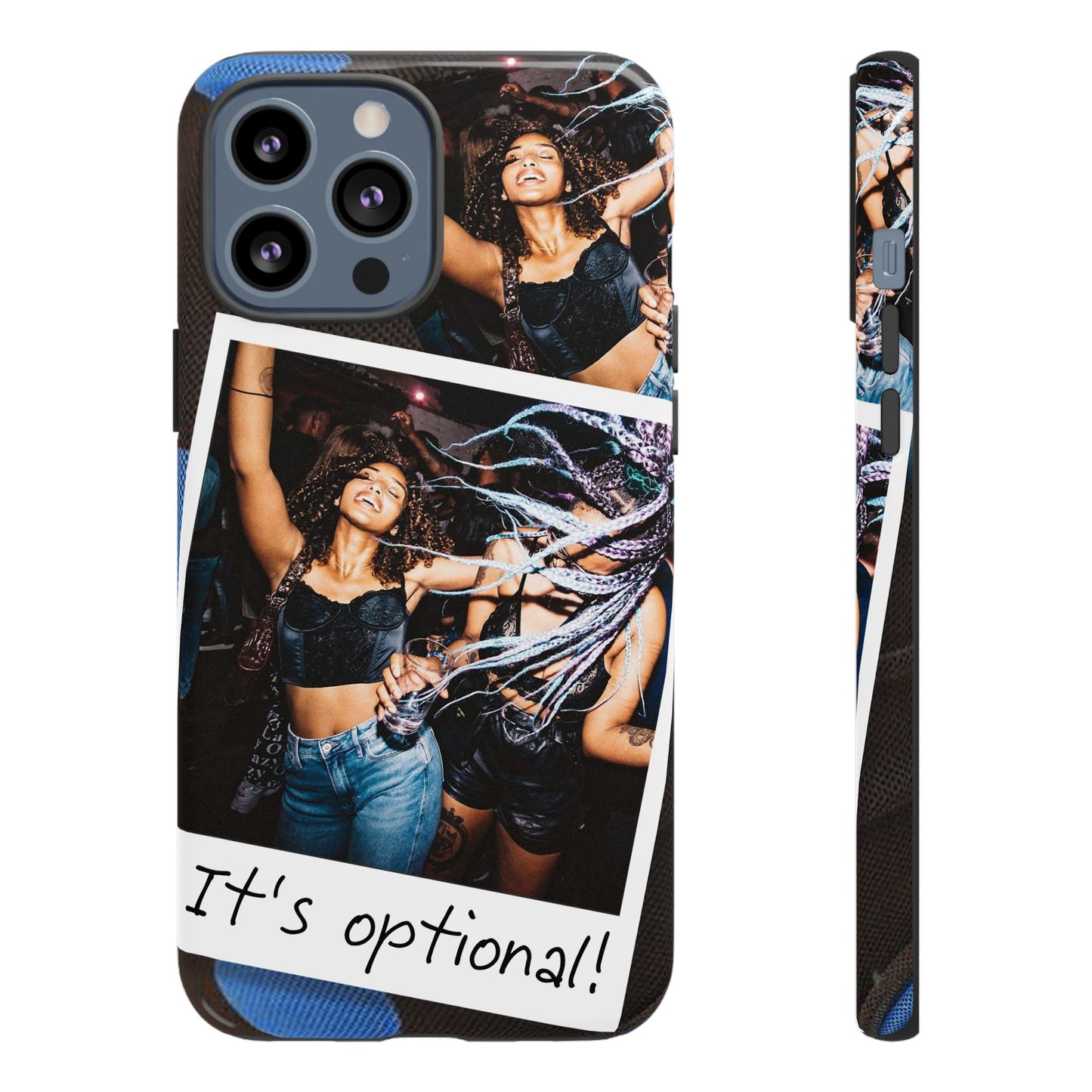 Two Image Personalised Polaroid Photo on Blue Polka Dot Protective Tough Case for Apple iPhone, Samsung Galaxy and Google Pixel.