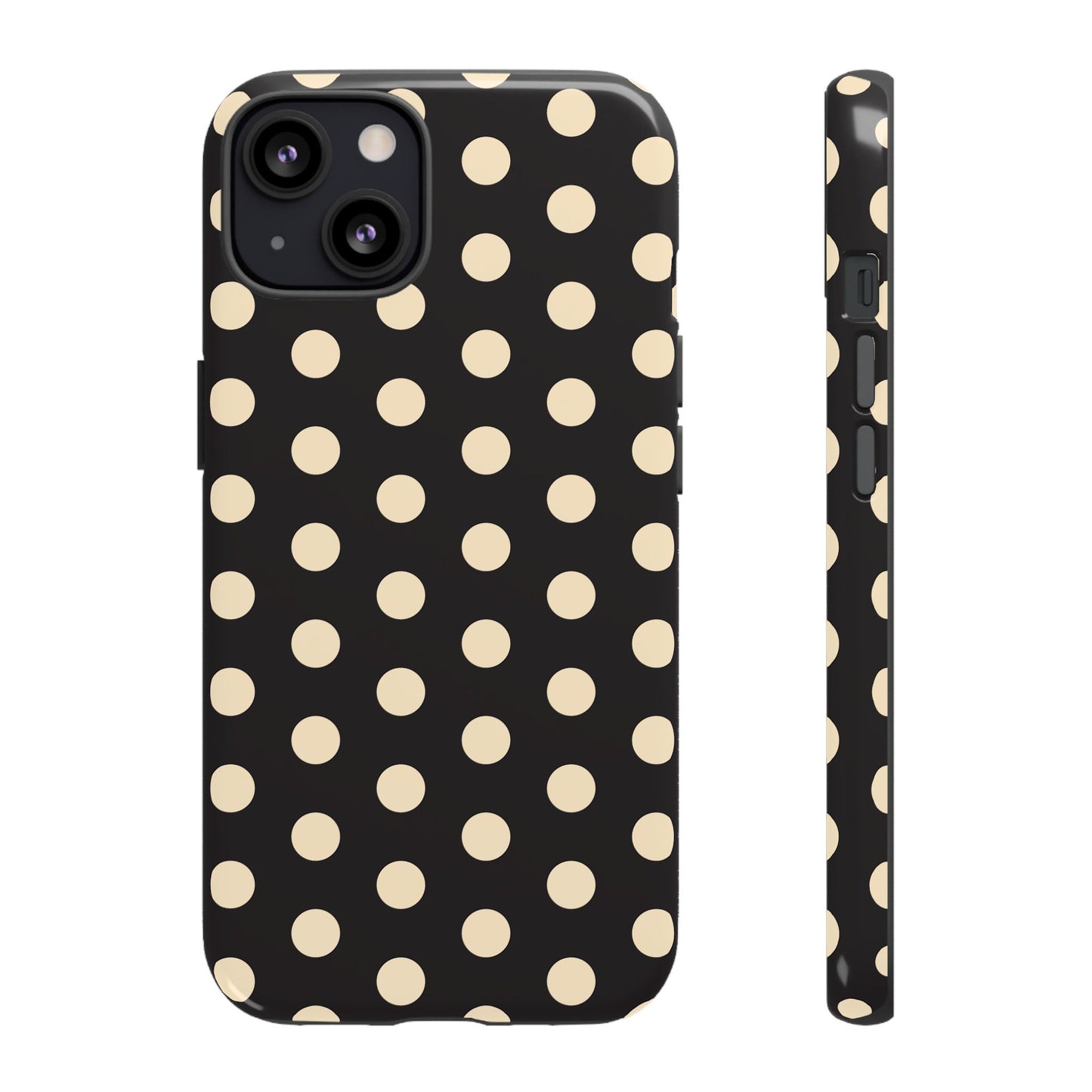 Polka Dot Tough Phone Case — Black with Cream Dots, Protective Slim Phone Cover