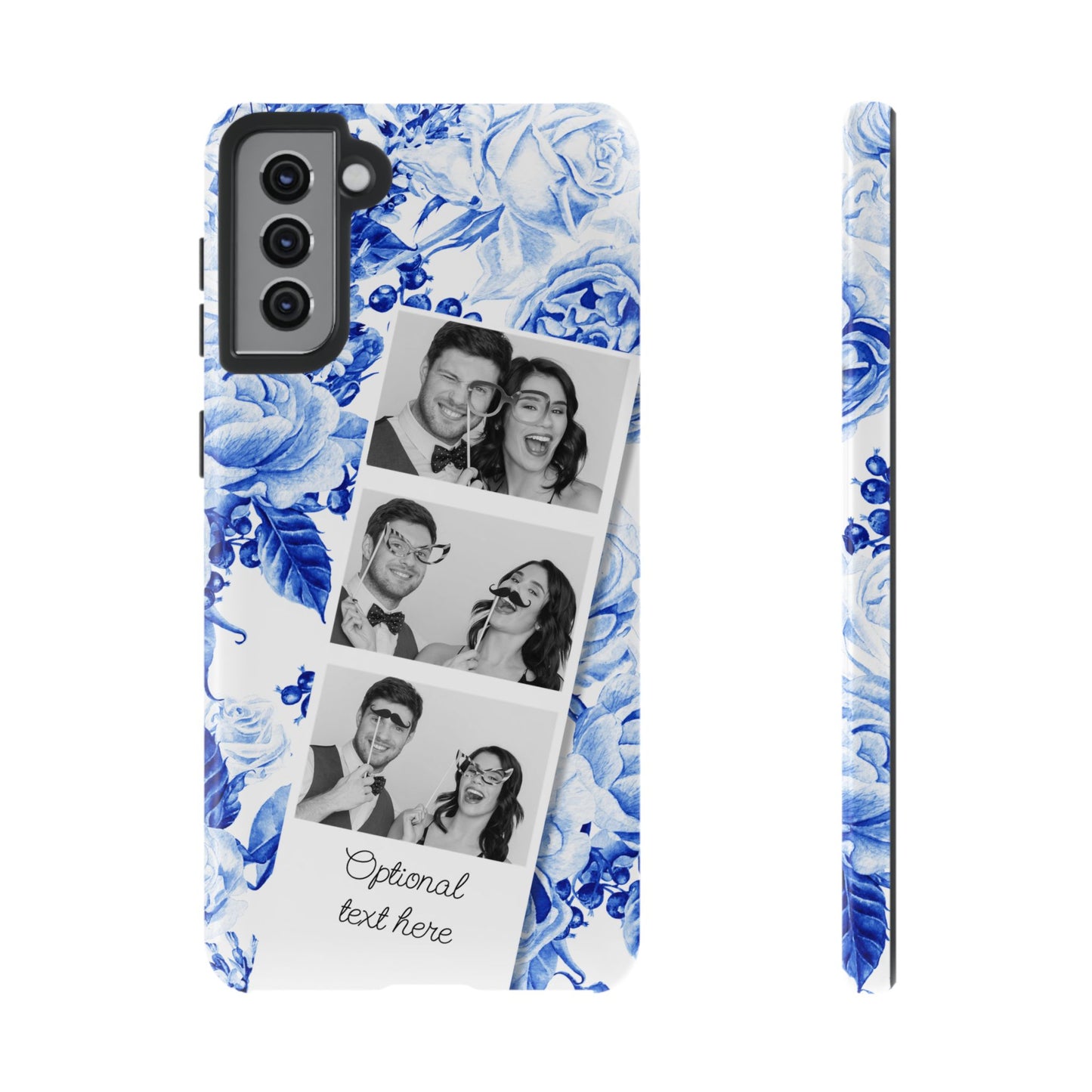 Three Photo Personalised Blue Floral Image Strip Custom Phone Case
