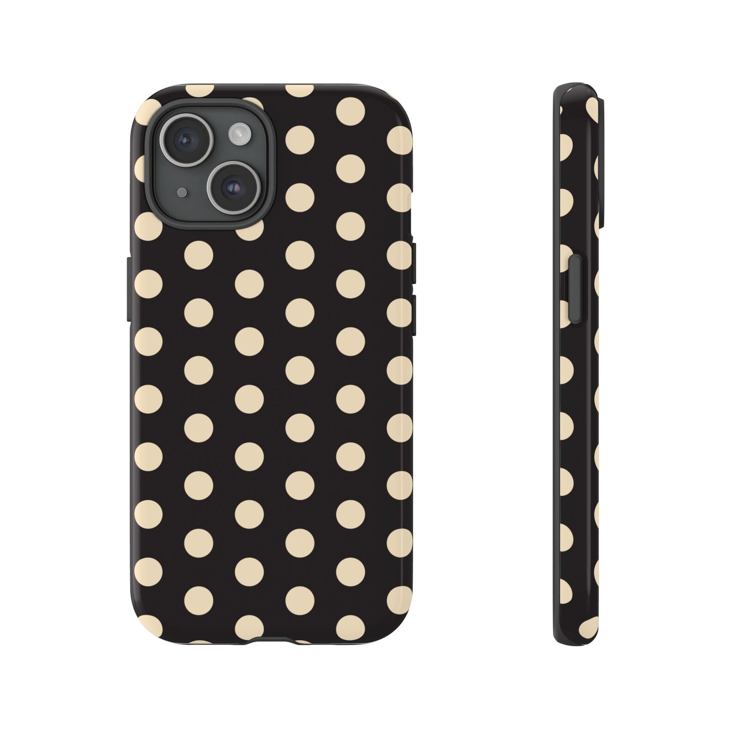 Polka Dot Tough Phone Case — Black with Cream Dots, Protective Slim Phone Cover